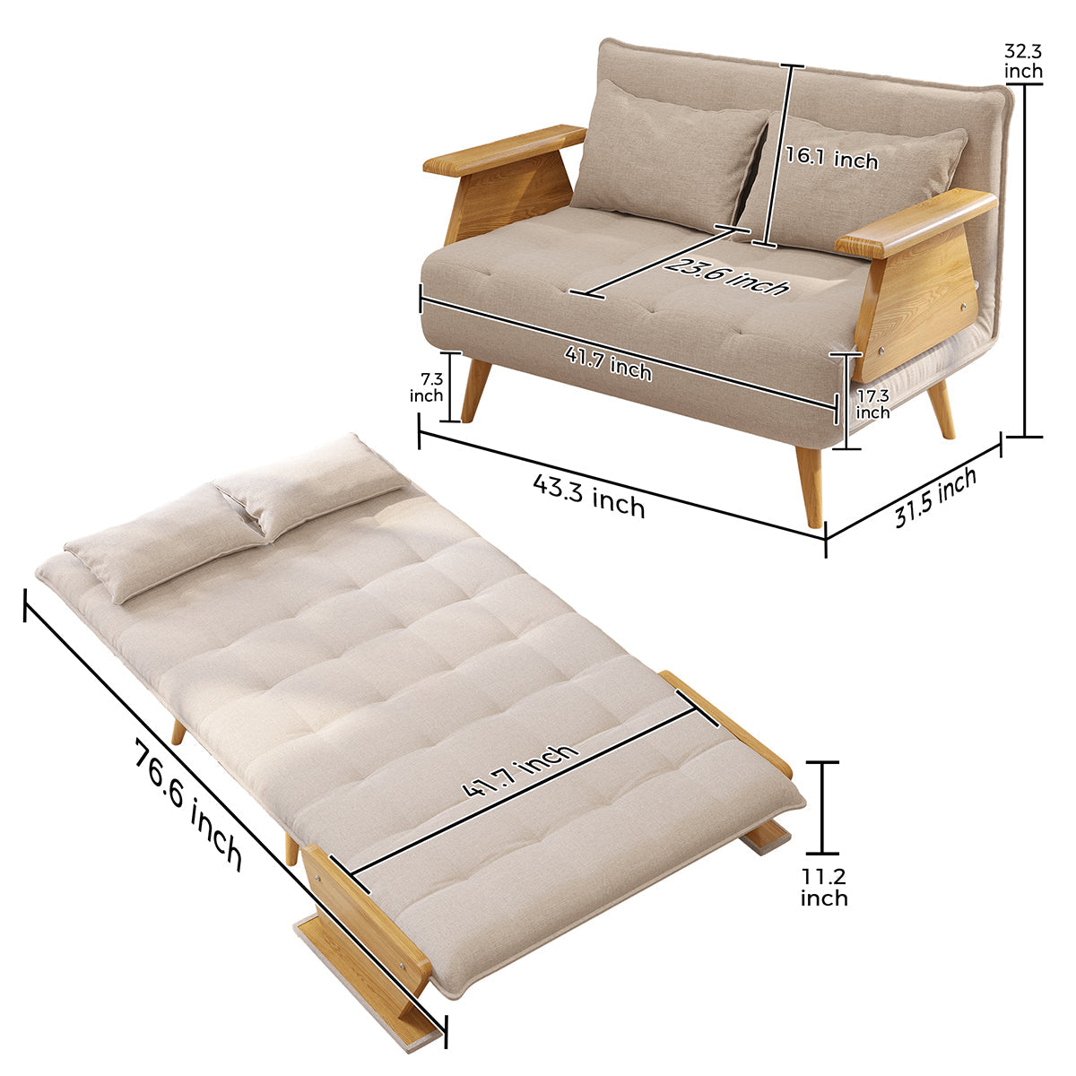 WEHOMZ Beige Folding Sofa Bed 3-in-1 Convertible, Cotton-Linen & Light Wood Armrests