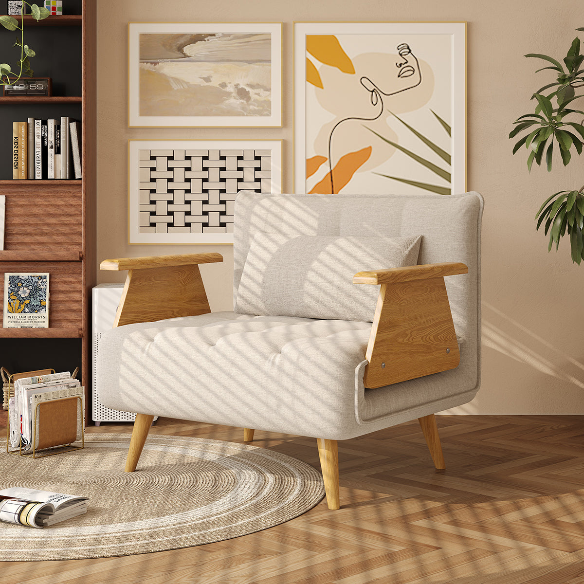 WEHOMZ Beige Folding Sofa Bed 3-in-1 Convertible, Cotton-Linen & Light Wood Armrests