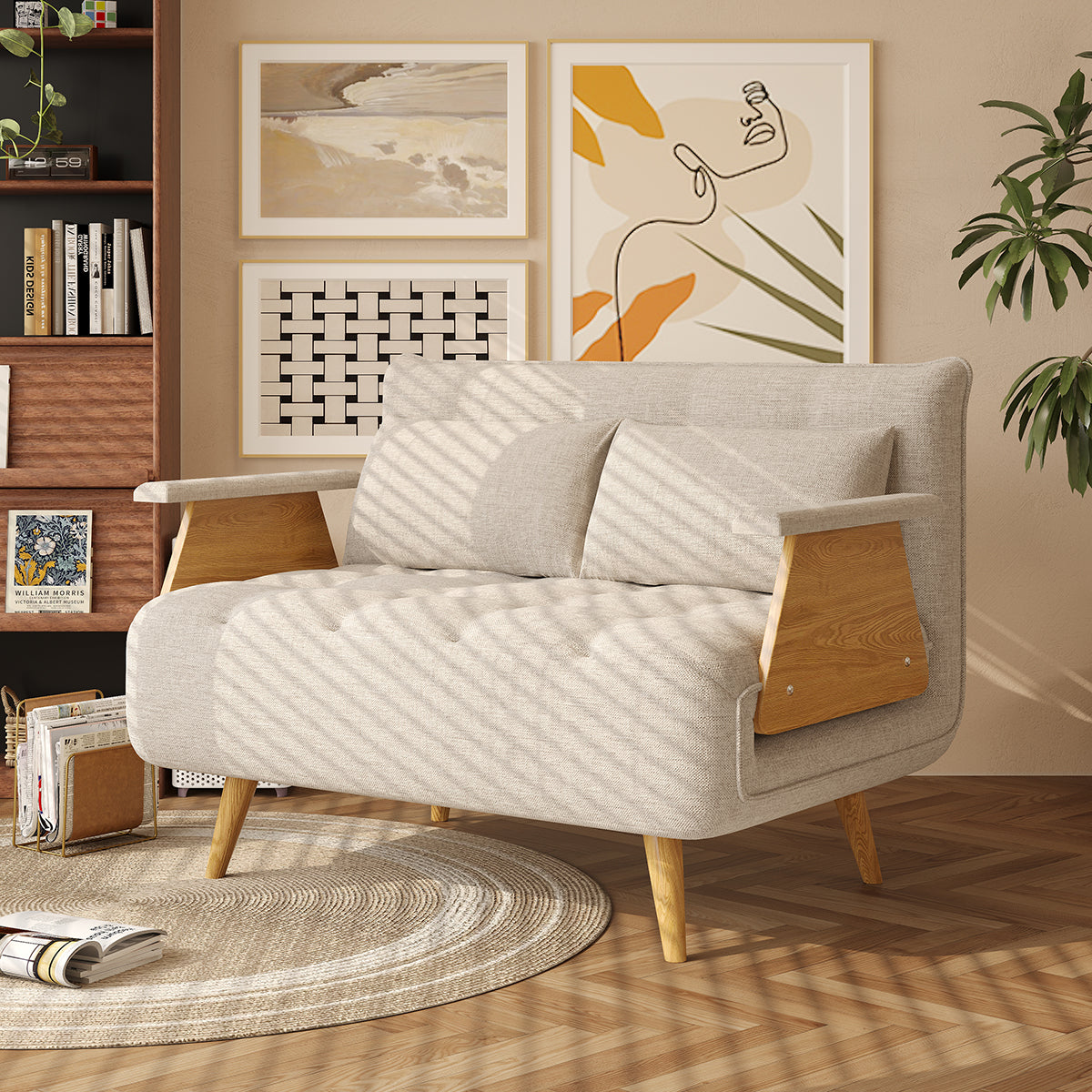 WEHOMZ Beige Folding Sofa Bed 3-in-1 Convertible, Cotton-Linen & Light Wood Armrests