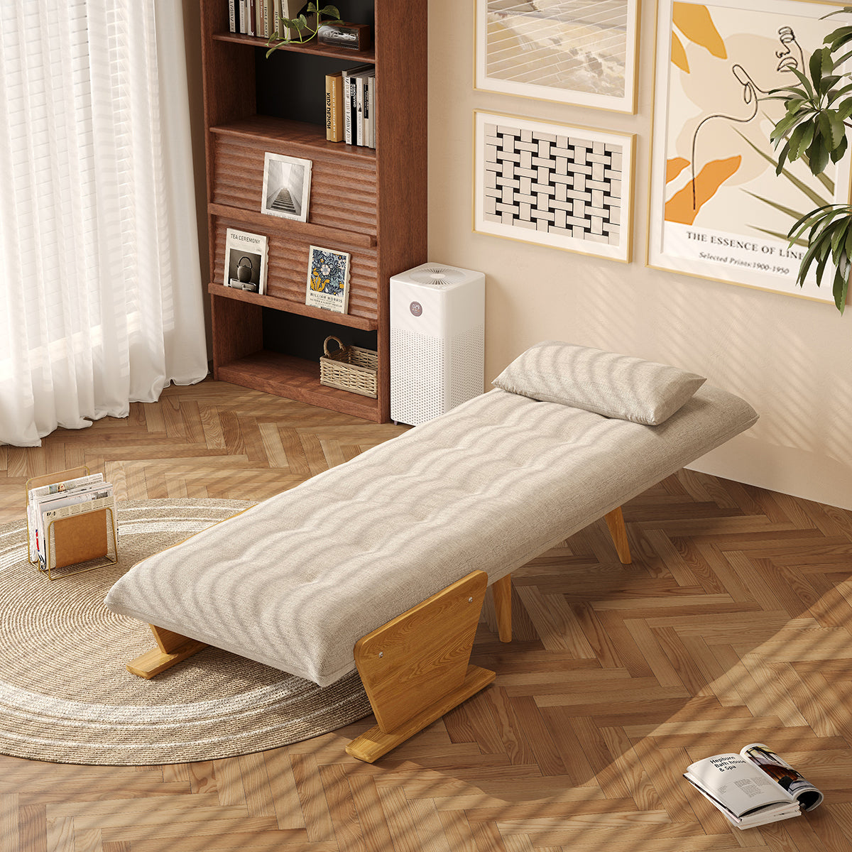 WEHOMZ Beige Folding Sofa Bed 3-in-1 Convertible, Cotton-Linen & Light Wood Armrests