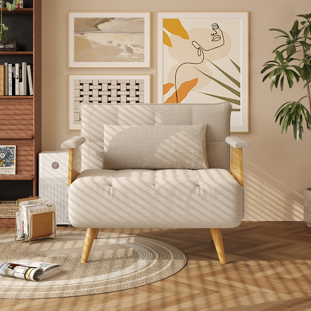 WEHOMZ Beige Folding Sofa Bed 3-in-1 Convertible, Cotton-Linen & Light Wood Armrests