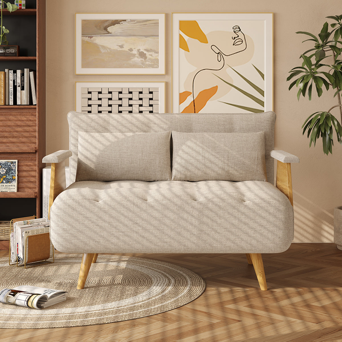 WEHOMZ Beige Folding Sofa Bed 3-in-1 Convertible, Cotton-Linen & Light Wood Armrests