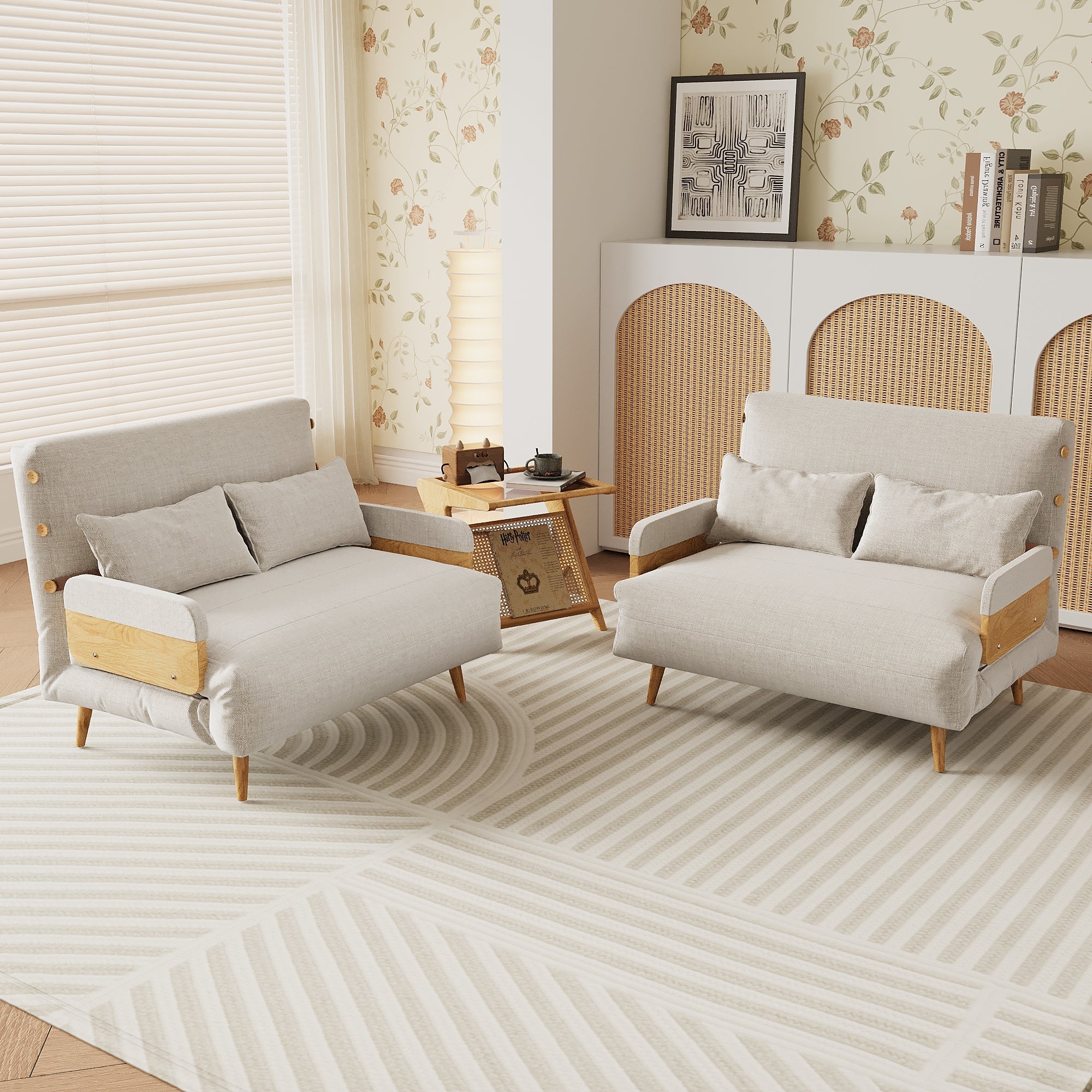 WEHOMZ 3-in-1 Convertible Futon Sofa Bed & Recliner with Wood Frame - Beige and Walnut