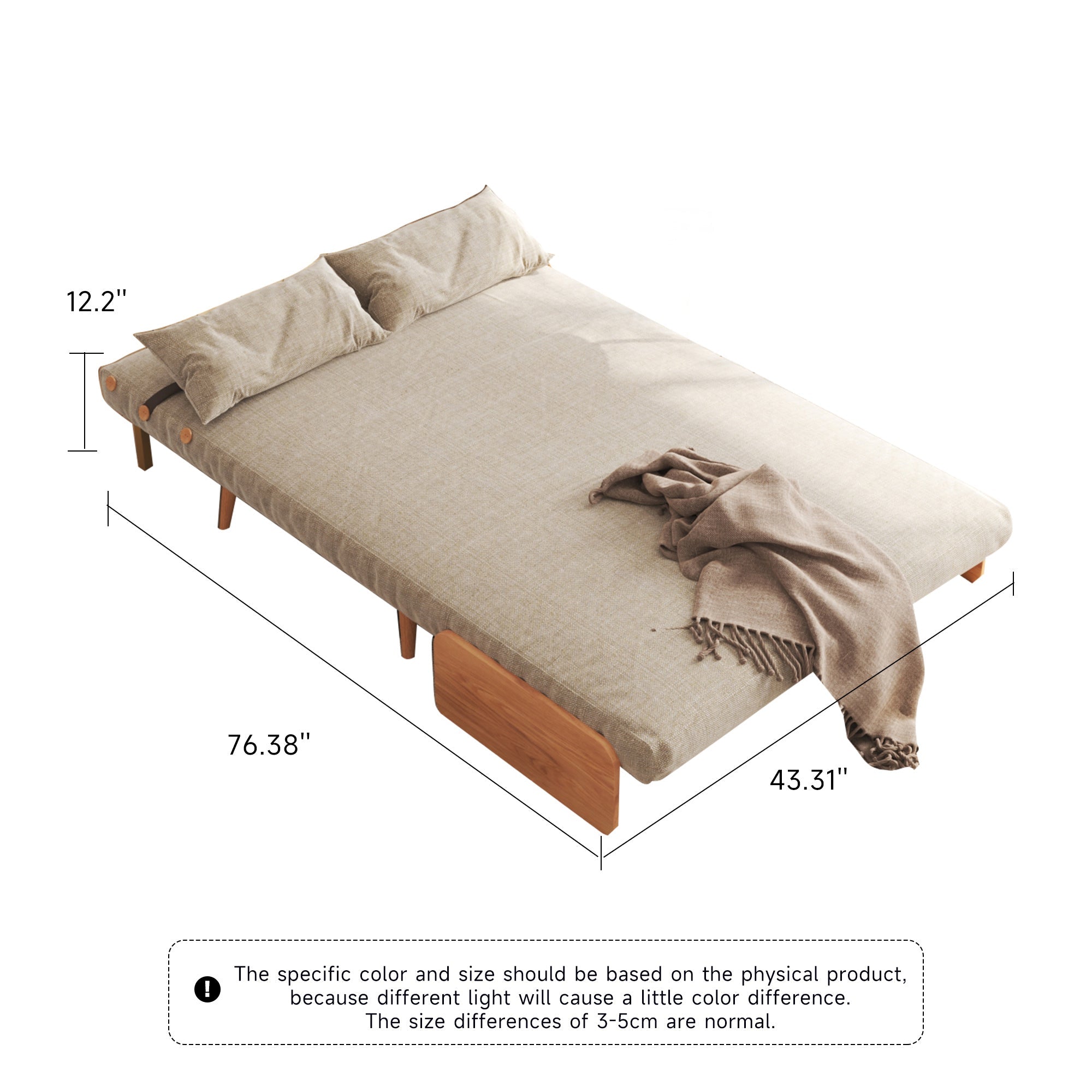 WEHOMZ 3-in-1 Convertible Futon Sofa Bed & Recliner with Wood Frame - Beige and Walnut