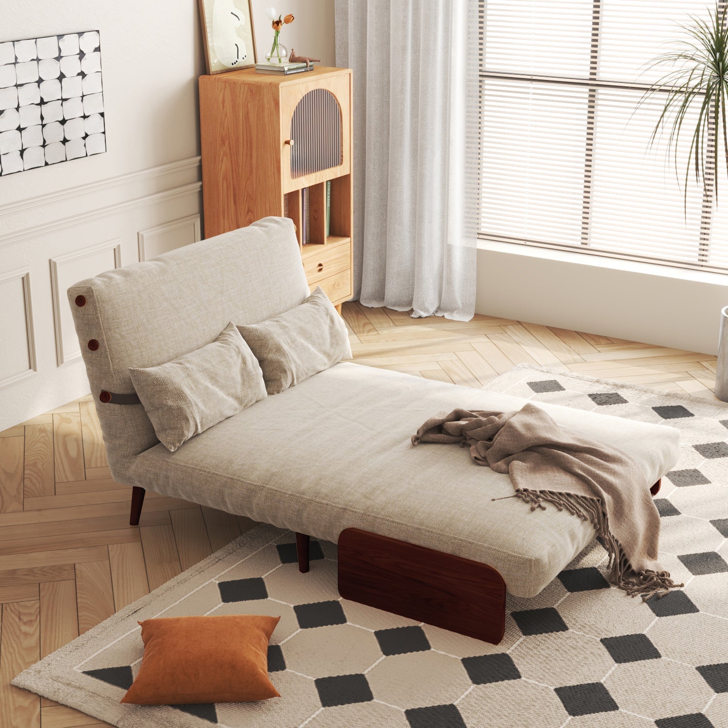 WEHOMZ 3-in-1 Convertible Futon Sofa Bed & Recliner with Wood Frame - Beige and Walnut