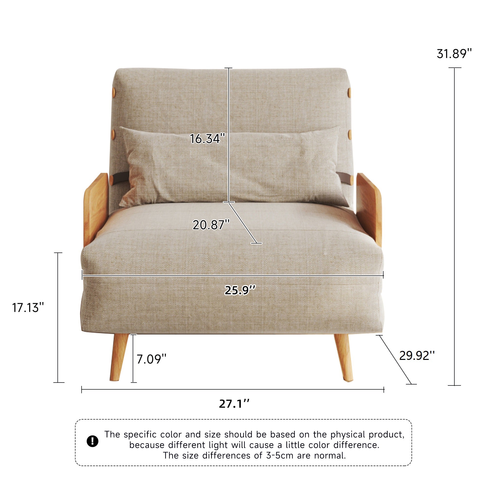 WEHOMZ 3-in-1 Convertible Futon Sofa Bed & Recliner with Wood Frame - Beige and Walnut