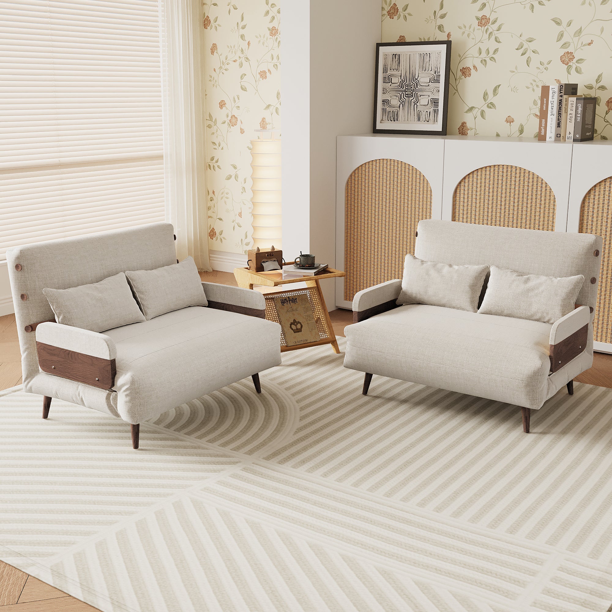 WEHOMZ 3-in-1 Convertible Futon Sofa Bed & Recliner with Wood Frame - Beige and Walnut