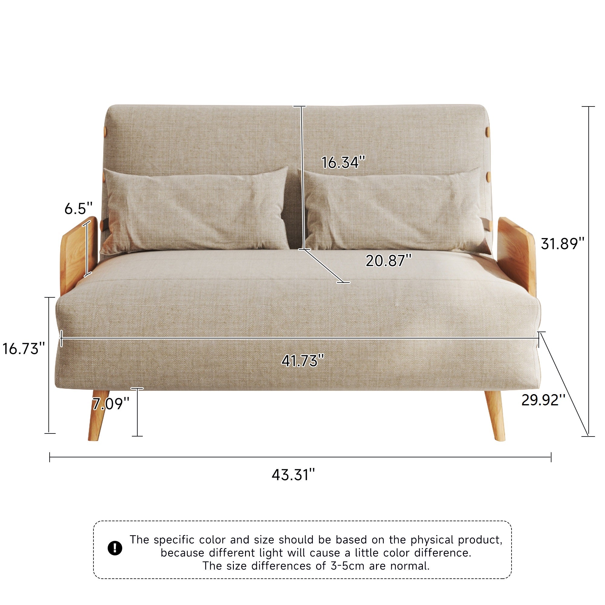 WEHOMZ 3-in-1 Convertible Futon Sofa Bed & Recliner with Wood Frame - Beige and Walnut