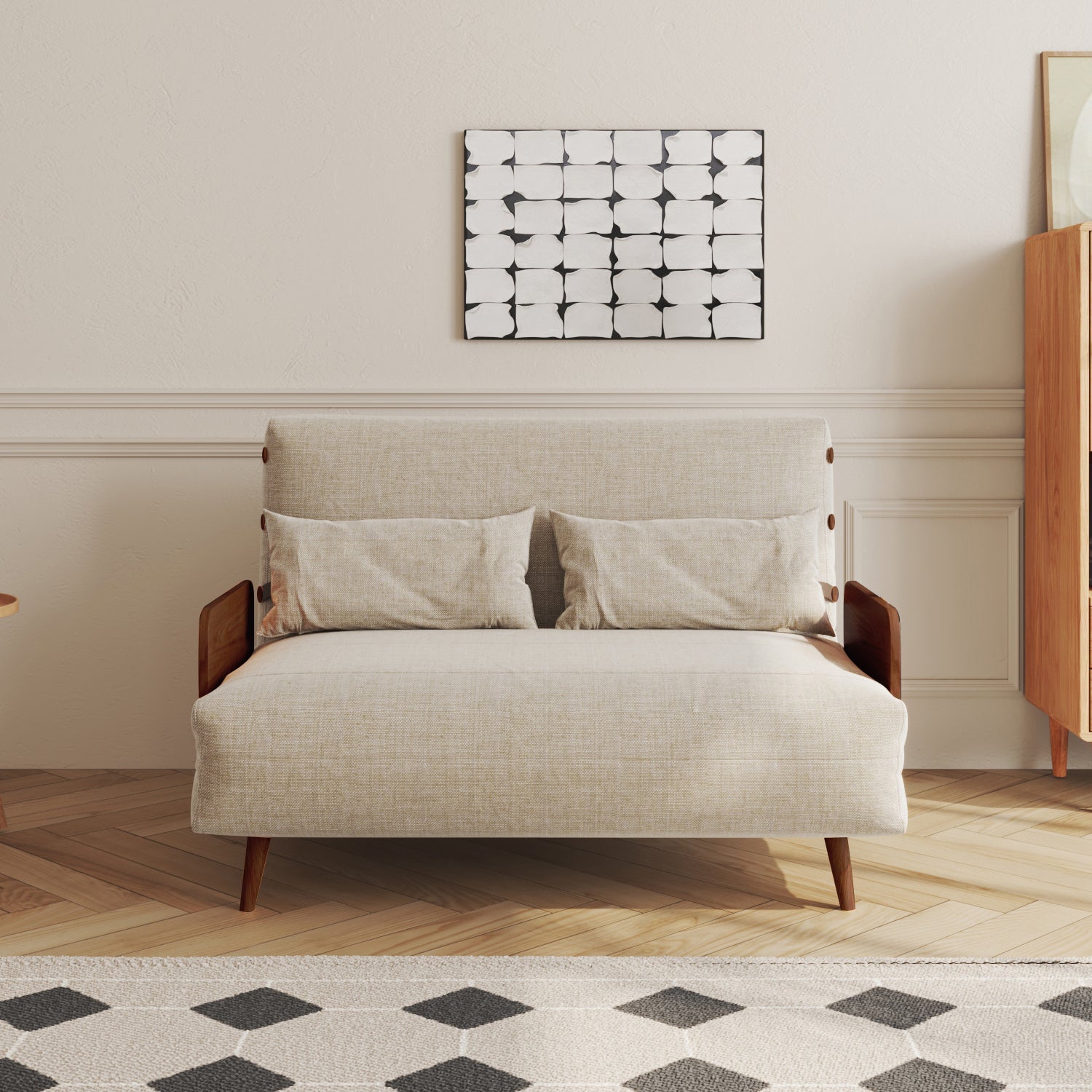 WEHOMZ 3-in-1 Convertible Futon Sofa Bed & Recliner with Wood Frame - Beige and Walnut