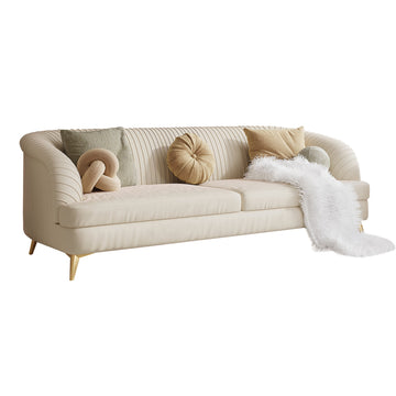 Beige Velvet 3-Seat Sofa with Metal Feet & Tufted Cushions