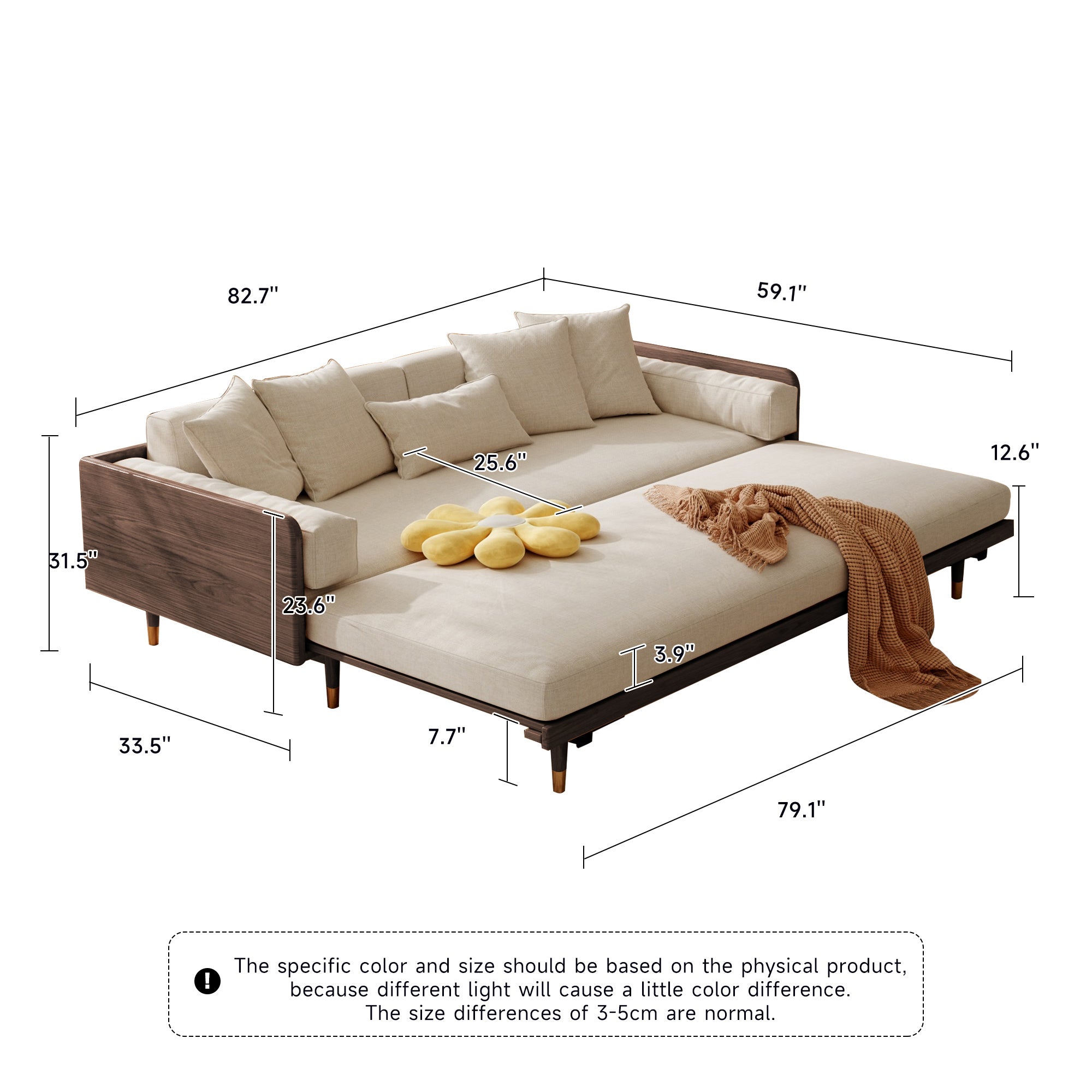 WEHOMZ Walnut 3 Seater Sofa Bed – Modern Japandi Style Convertible Couch with Wooden Frame