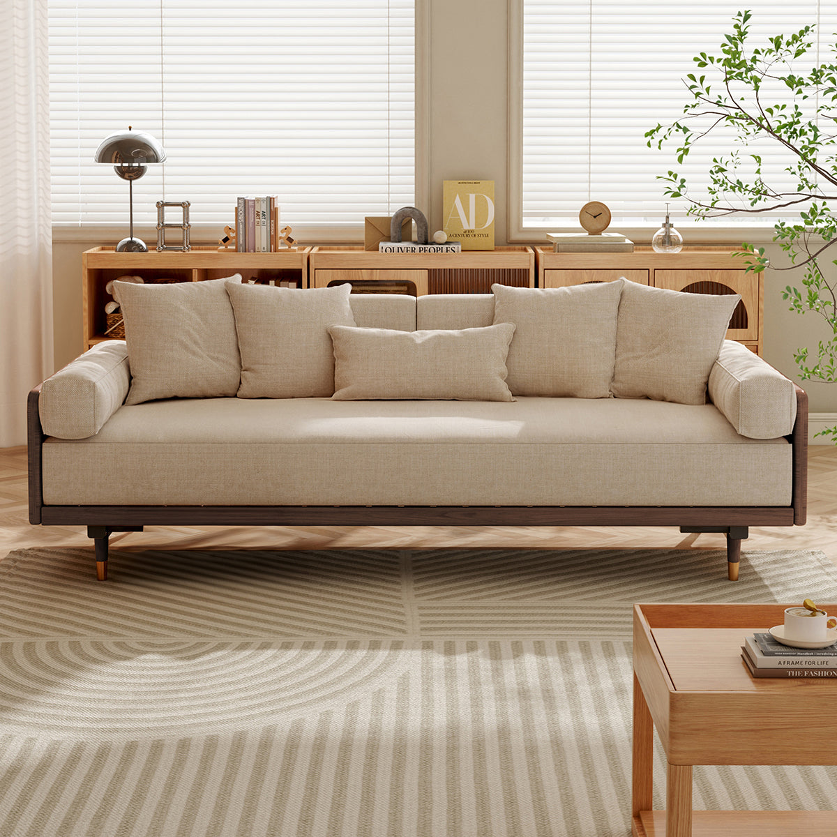 WEHOMZ Walnut 3 Seater Sofa Bed – Modern Japandi Style Convertible Couch with Wooden Frame