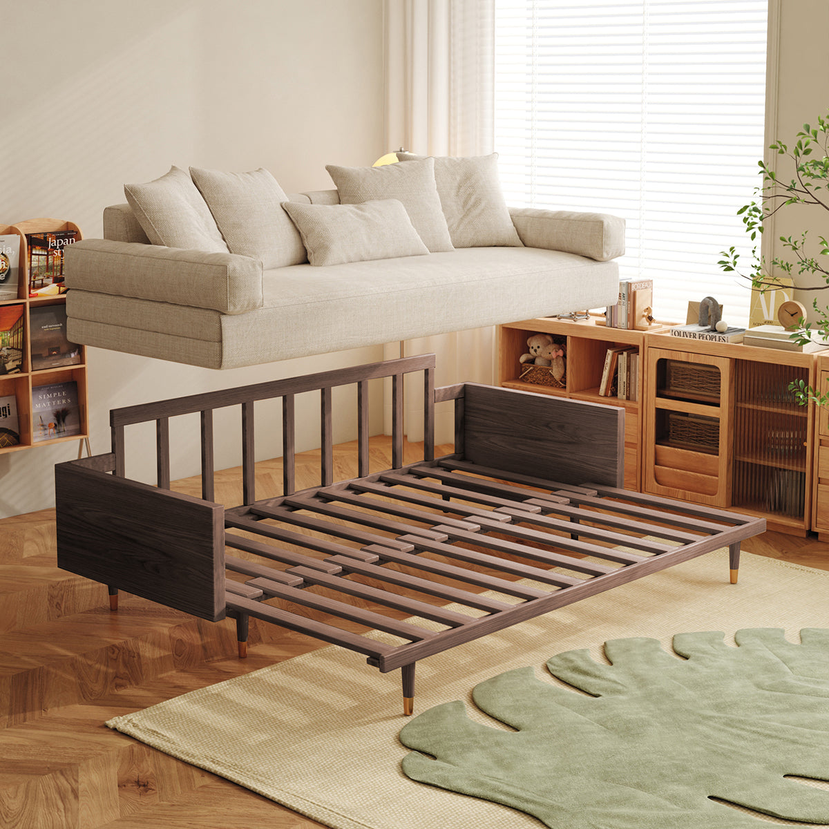 WEHOMZ Walnut 3 Seater Sofa Bed – Modern Japandi Style Convertible Couch with Wooden Frame