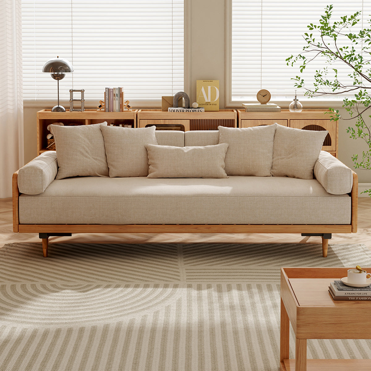 WEHOMZ Walnut 3 Seater Sofa Bed – Modern Japandi Style Convertible Couch with Wooden Frame