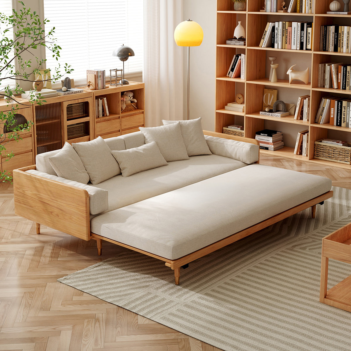 WEHOMZ Walnut 3 Seater Sofa Bed – Modern Japandi Style Convertible Cou