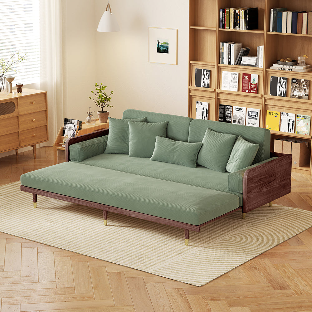 WEHOMZ Walnut 3 Seater Sofa Bed – Modern Japandi Style Convertible Couch with Wooden Frame