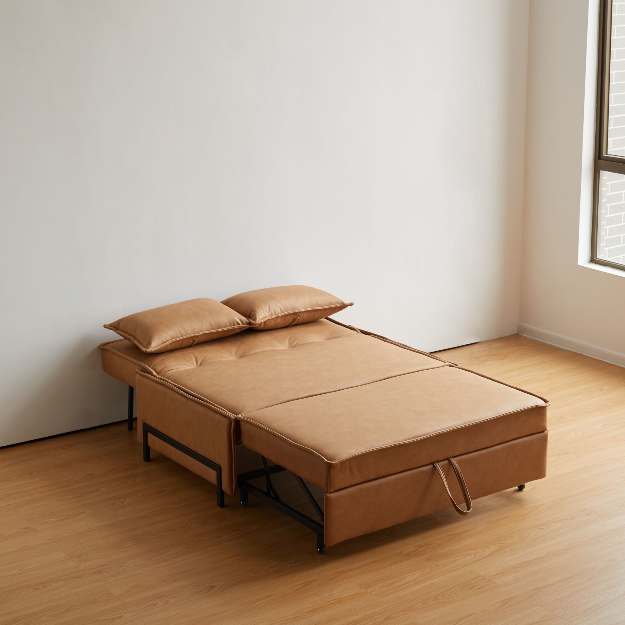 Brown Modern Double Loveseat Sleeper Sofa Bed in Durable Fabric & Metal Legs