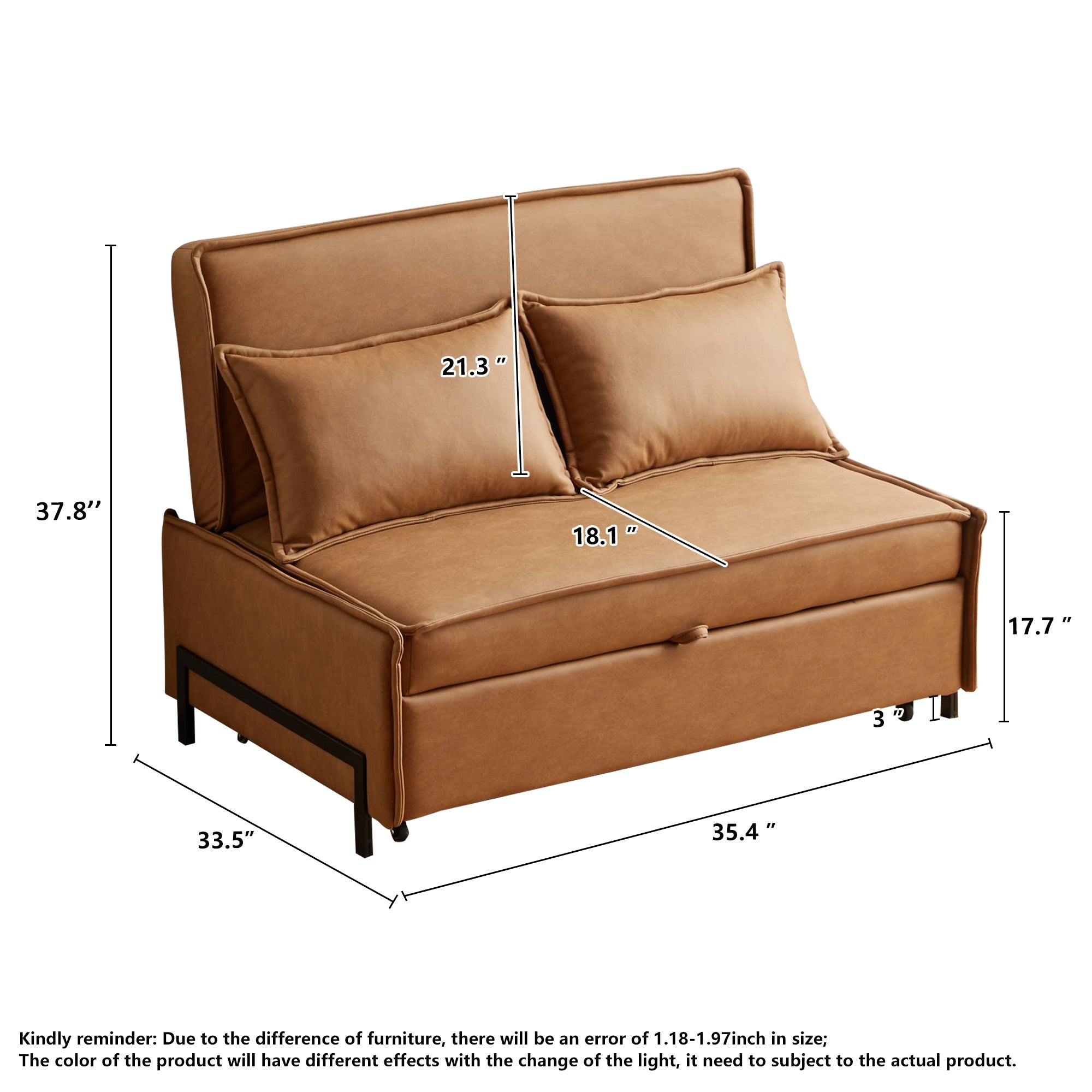 Brown Modern Double Loveseat Sleeper Sofa Bed in Durable Fabric & Metal Legs