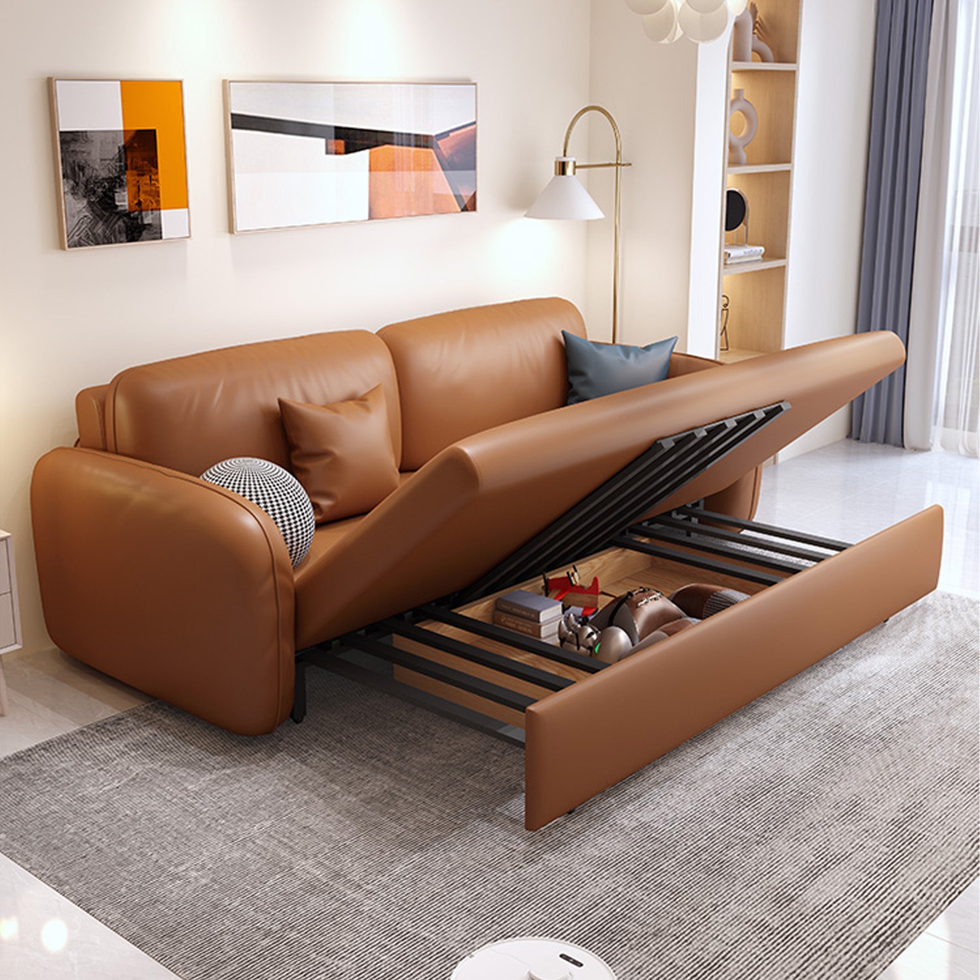 WEHOMZ Modern Faux Leather Convertible Sofa Bed with Storage & Metal Frame