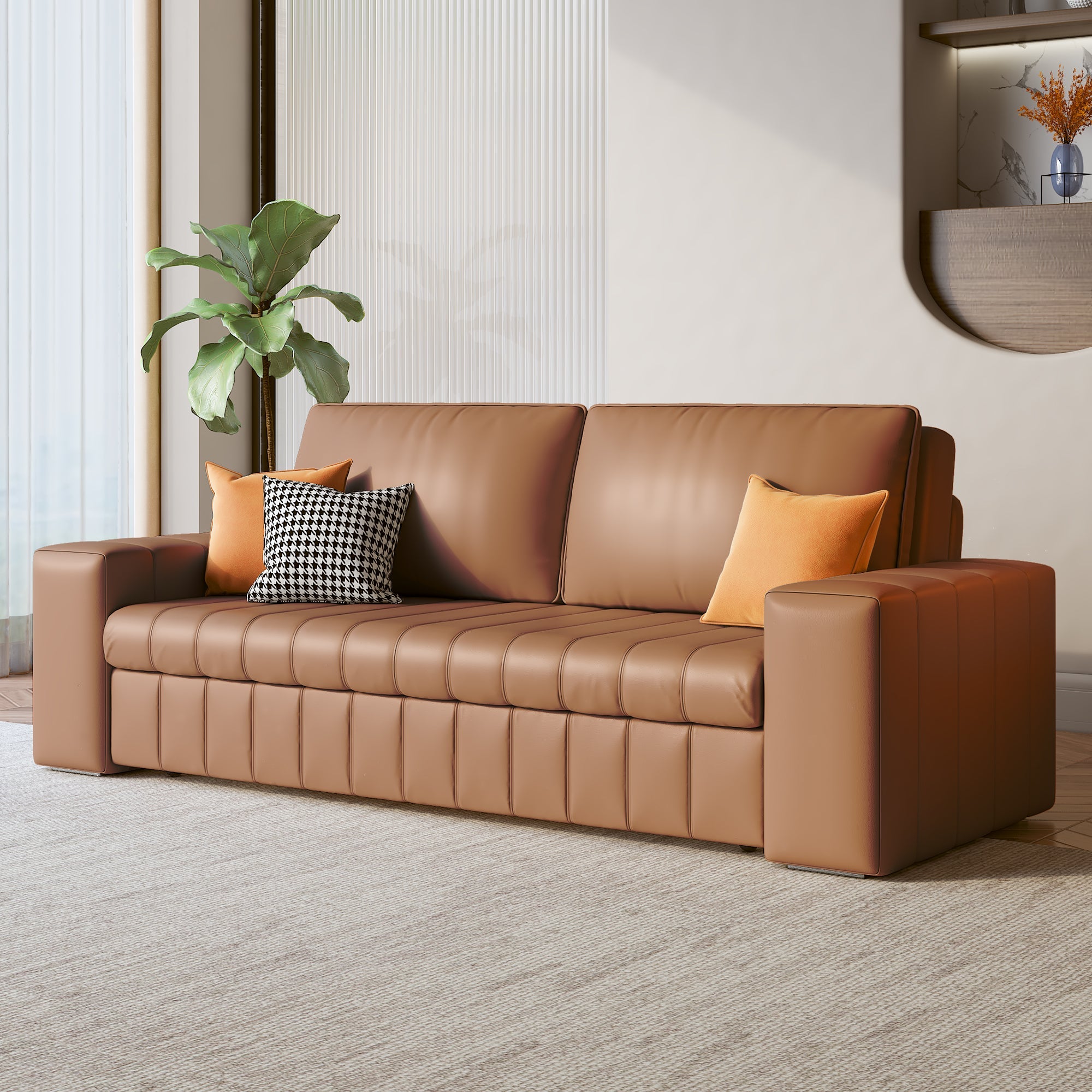 Modern Leather Sleeper Sofa with Storage in Light Gray & Orange - Comfortable & Stylish