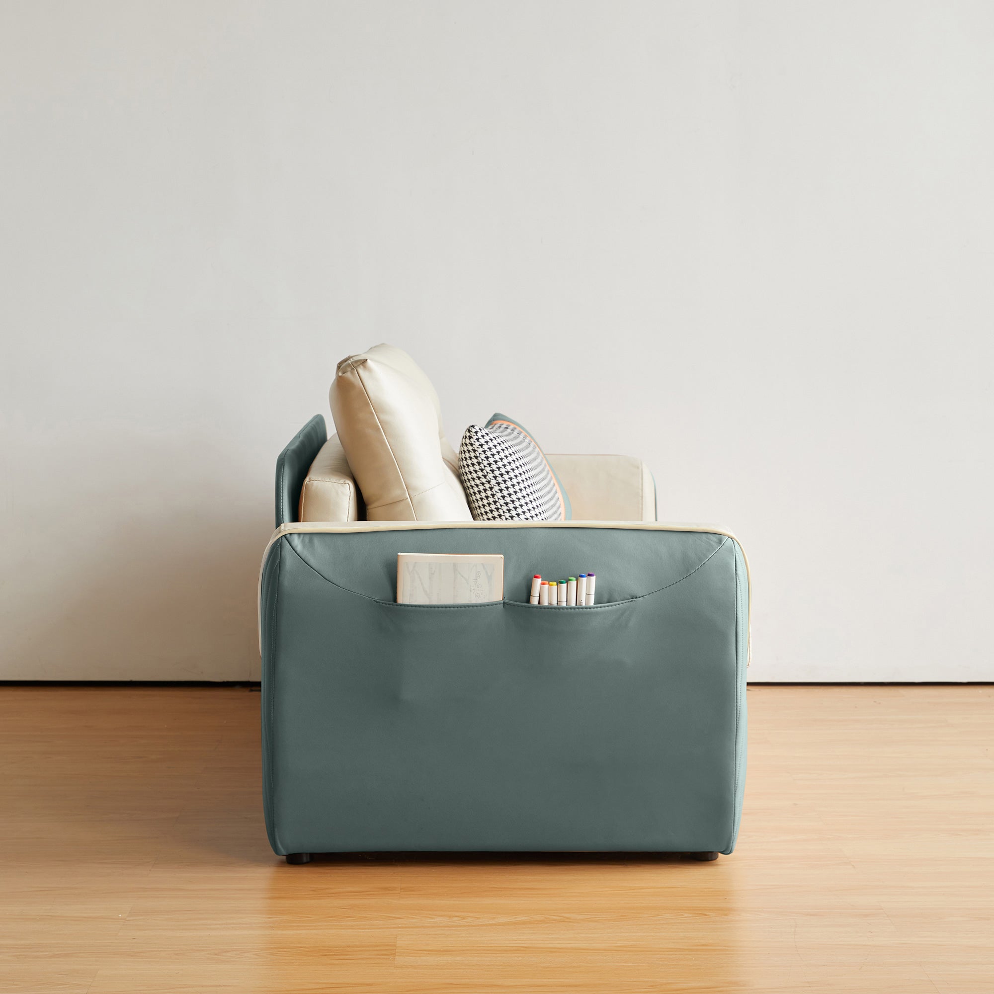 Modern Folding Leisure Sofa Bed in Green & White with Storage Pocket