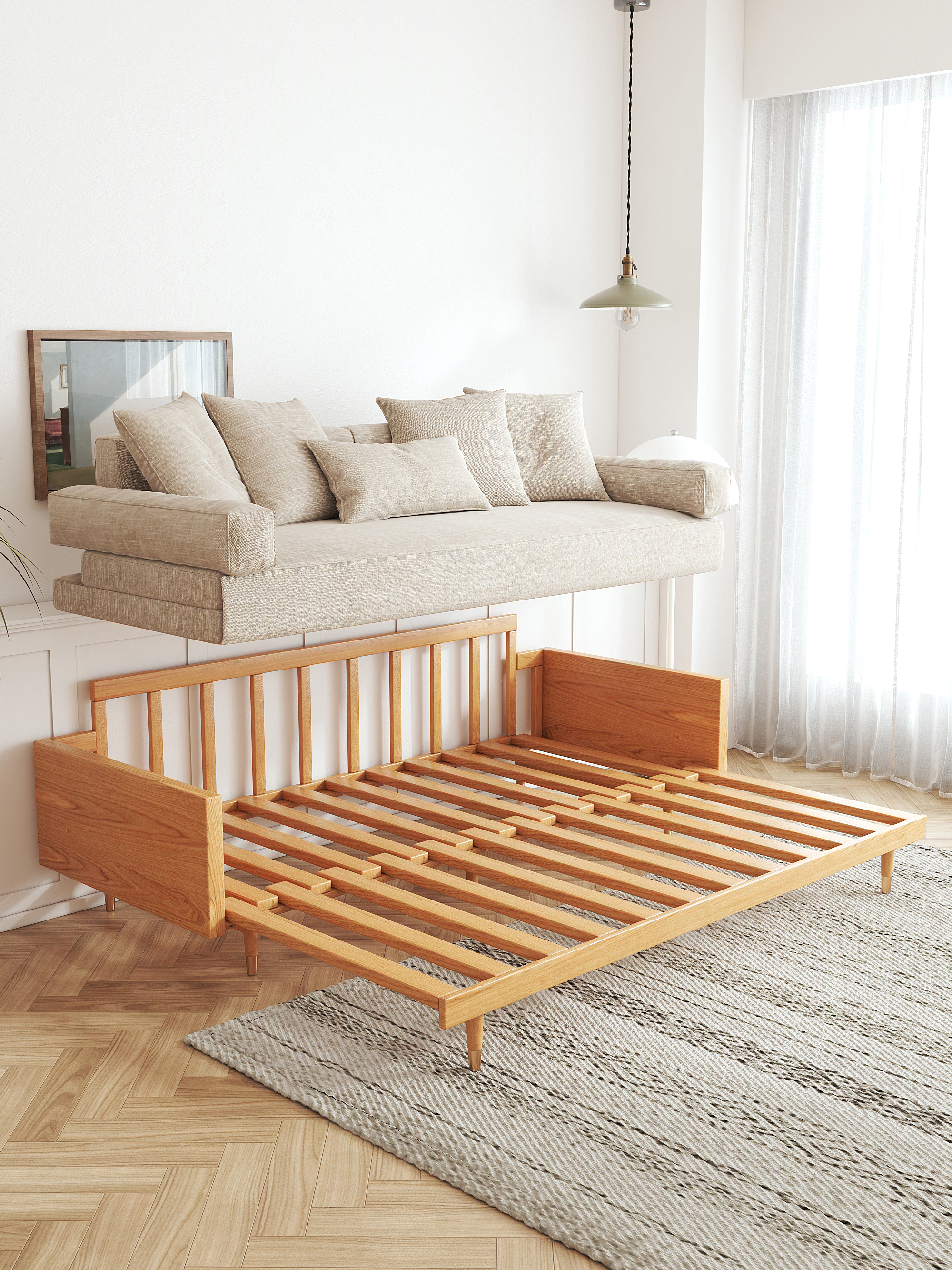 WEHOMZ Modern Japandi Sofa Bed in Ivory Cotton-Linen with Extendable Solid Wood Base