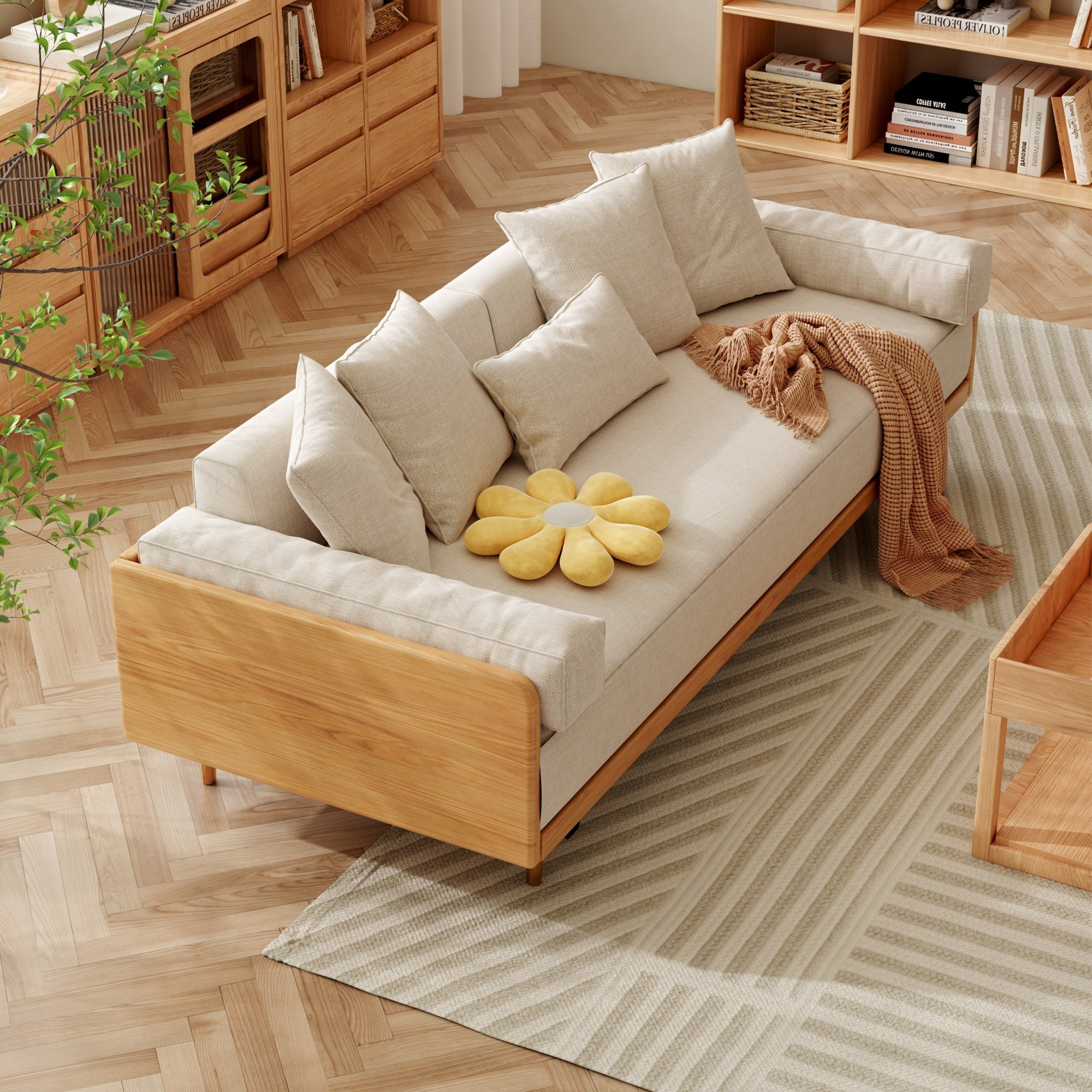 WEHOMZ Modern Japandi Sofa Bed in Ivory Cotton-Linen with Extendable Solid Wood Base