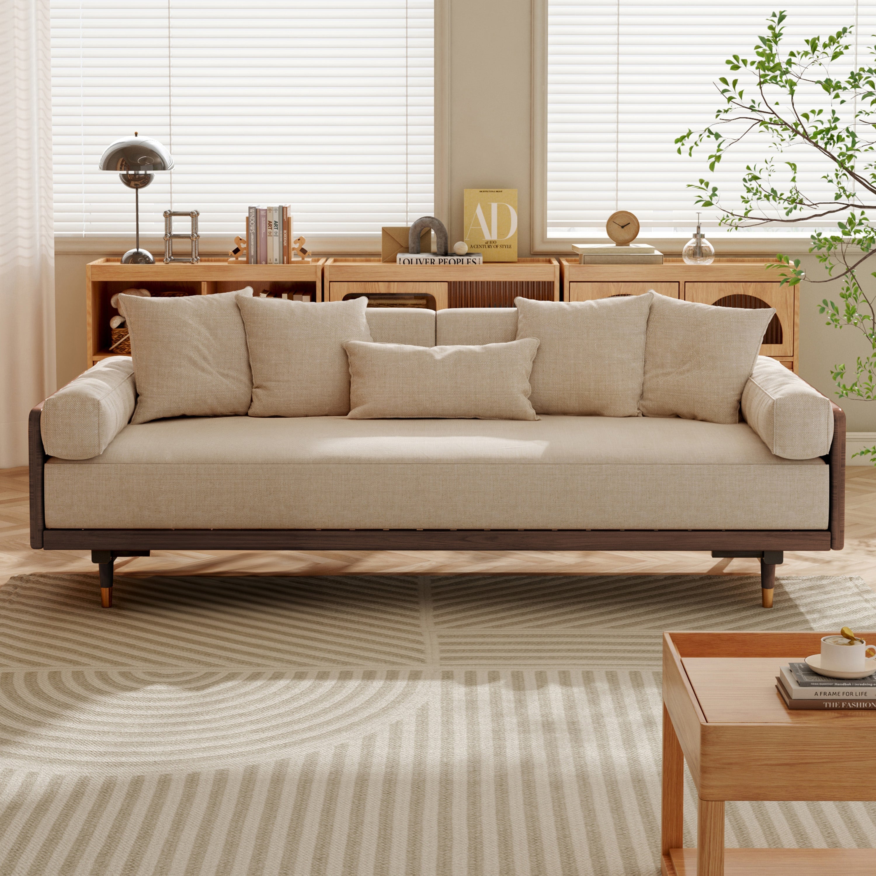 WEHOMZ Modern Japandi Sofa Bed in Ivory Cotton-Linen with Extendable Solid Wood Base