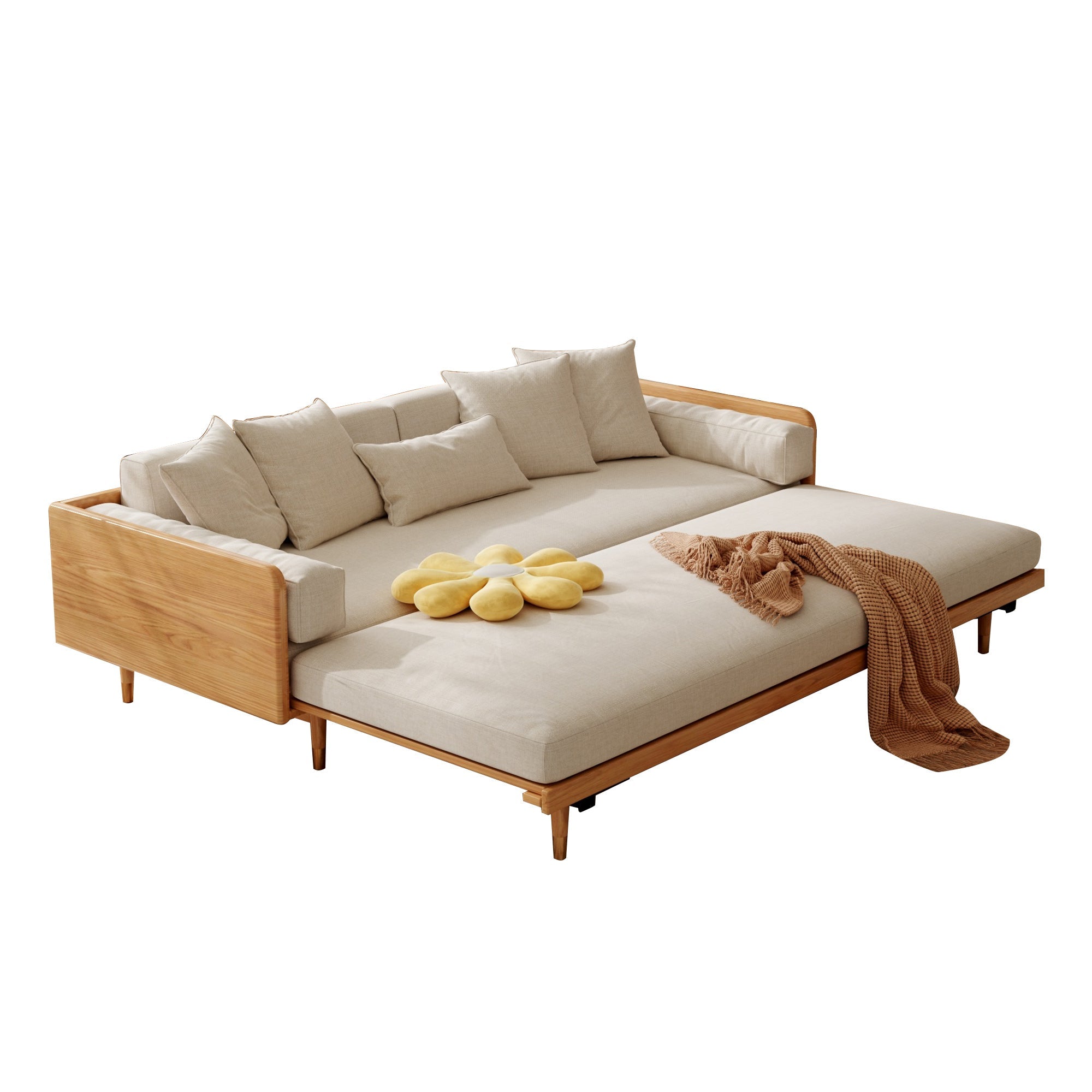 WEHOMZ Modern Japandi Sofa Bed in Ivory Cotton-Linen with Extendable Solid Wood Base