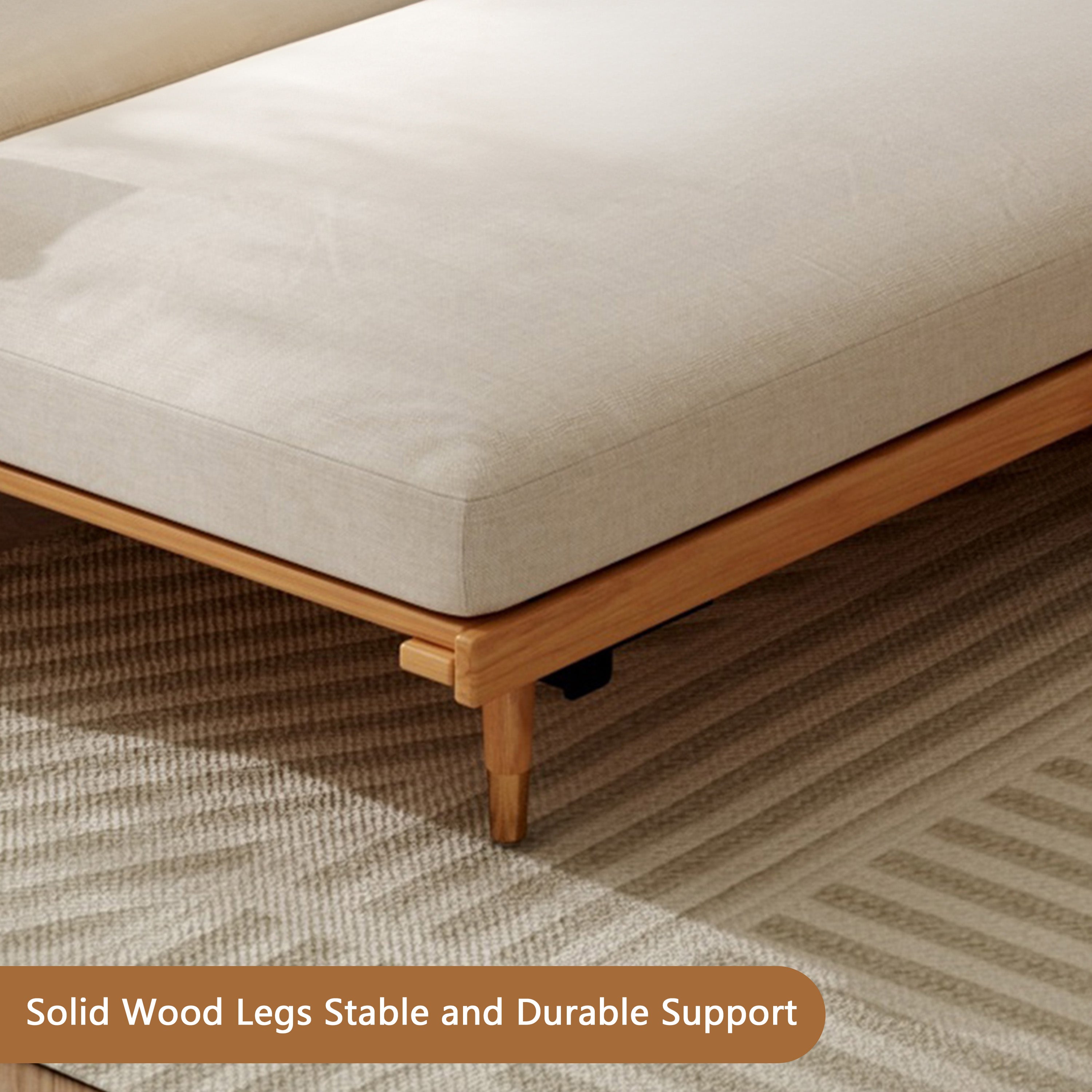 WEHOMZ Modern Japandi Sofa Bed in Ivory Cotton-Linen with Extendable Solid Wood Base