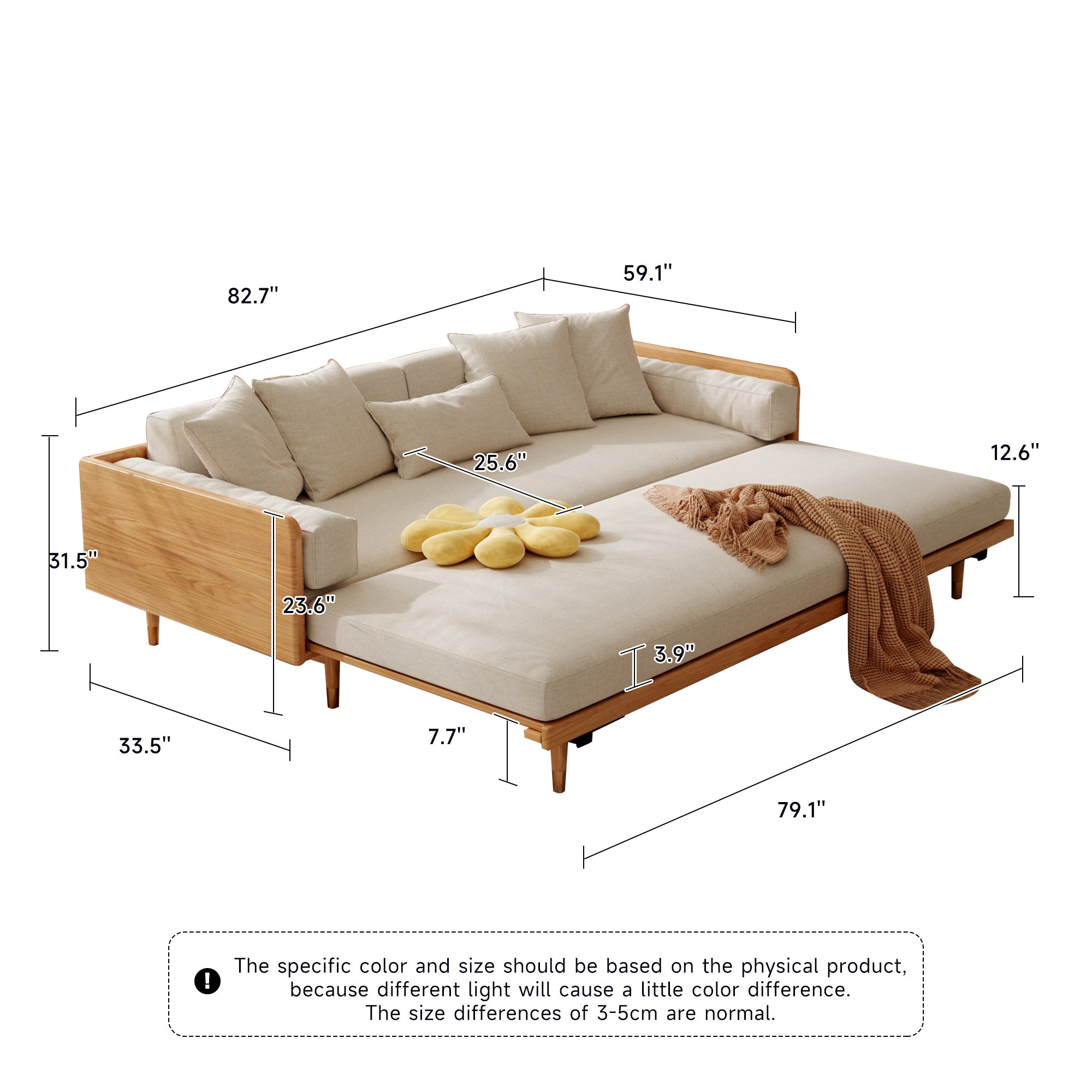 WEHOMZ Modern Japandi Sofa Bed in Ivory Cotton-Linen with Extendable Solid Wood Base