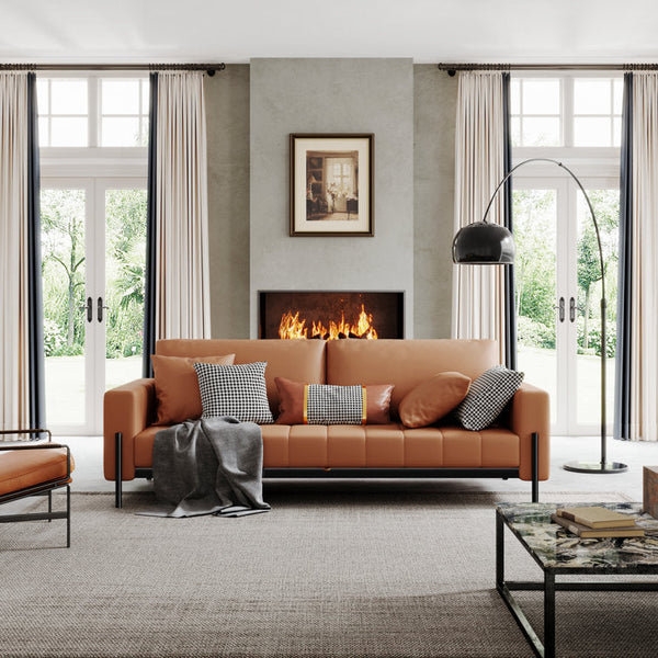 モダンなブラウンレザーのラブシートソファベッド - スクエア