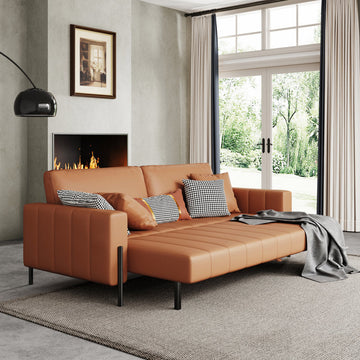 Modern Brown Leather Loveseat Sofa Bed with Square Arms & Metal Legs