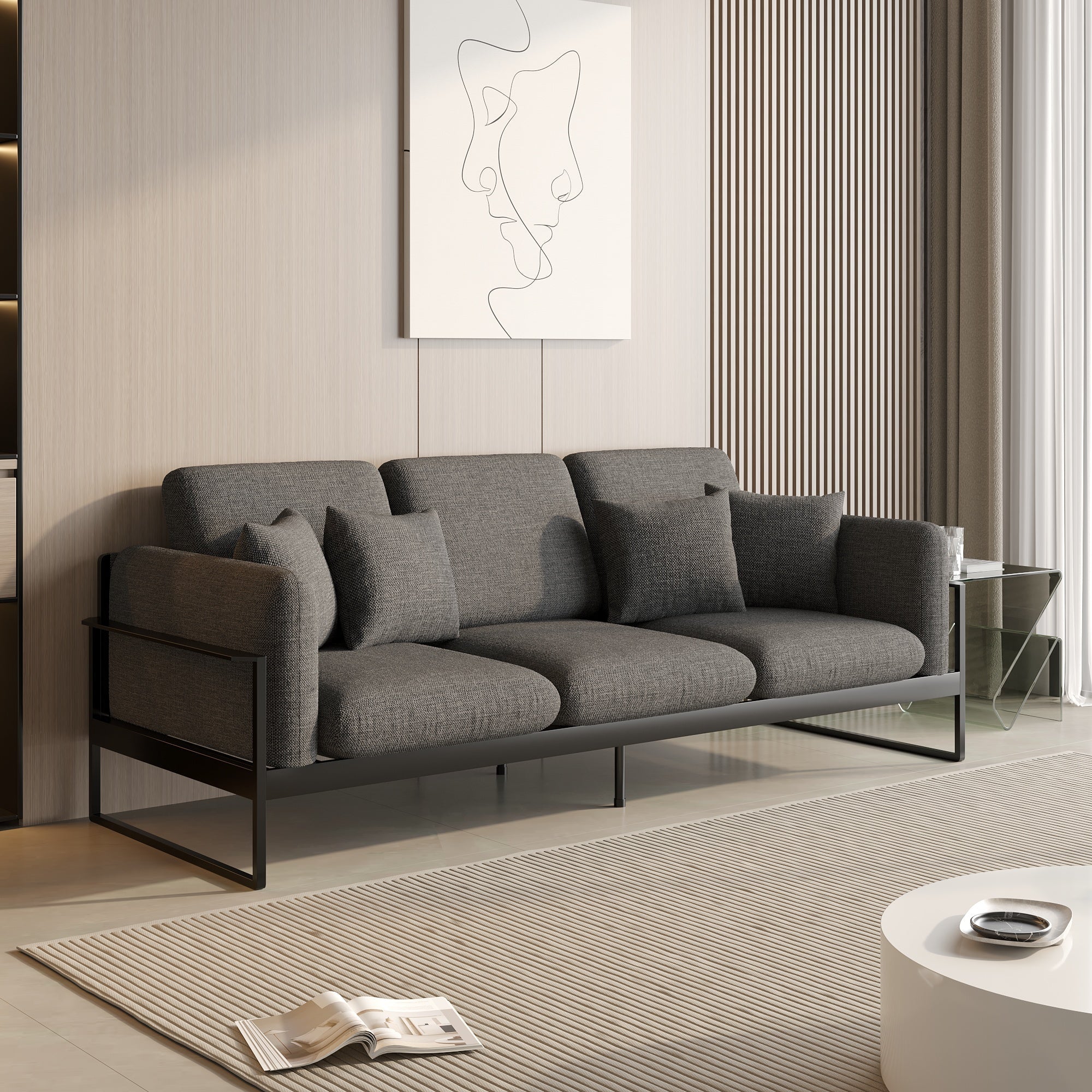 Modern Grey Upholstered Sofa with Metal Frame & Removable Cushions