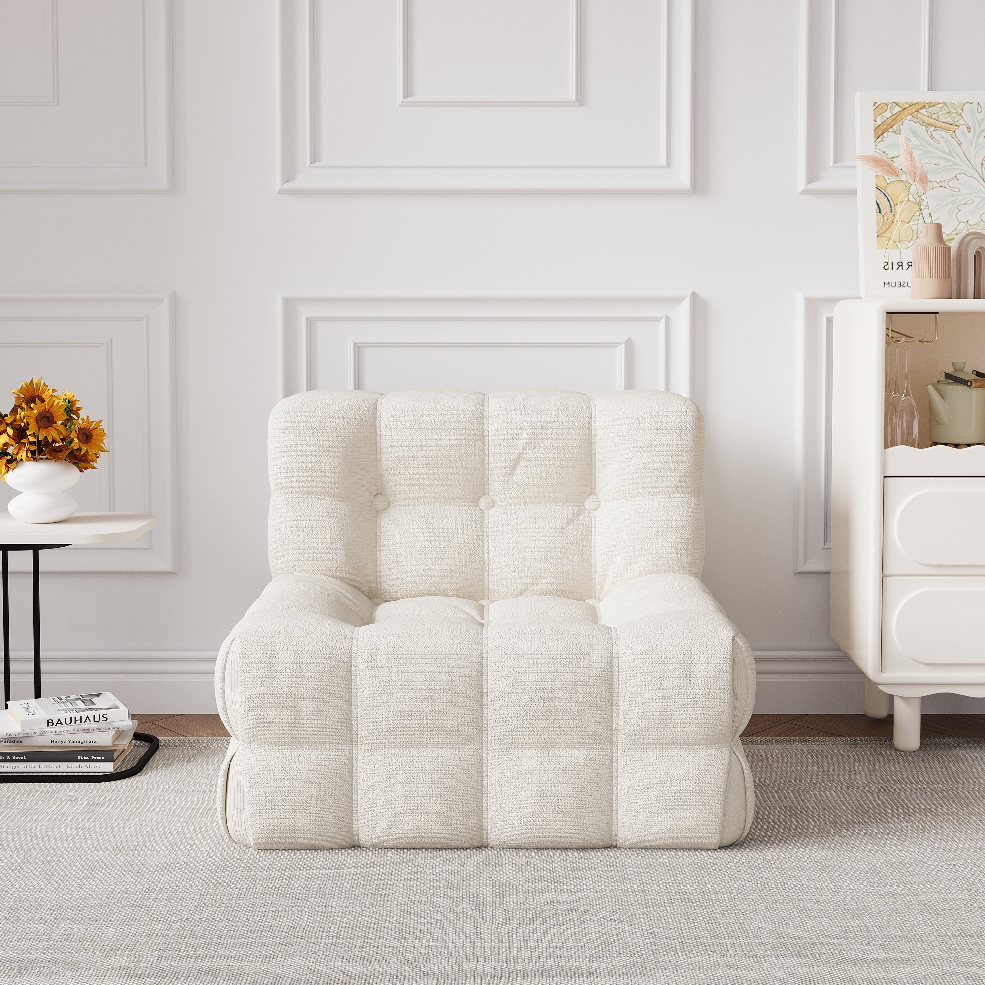 WEHOMZ Corduroy Bean Bag Sofa Chair in Beige & Caramel | Tufted Upholstery & Solid Wood Legs