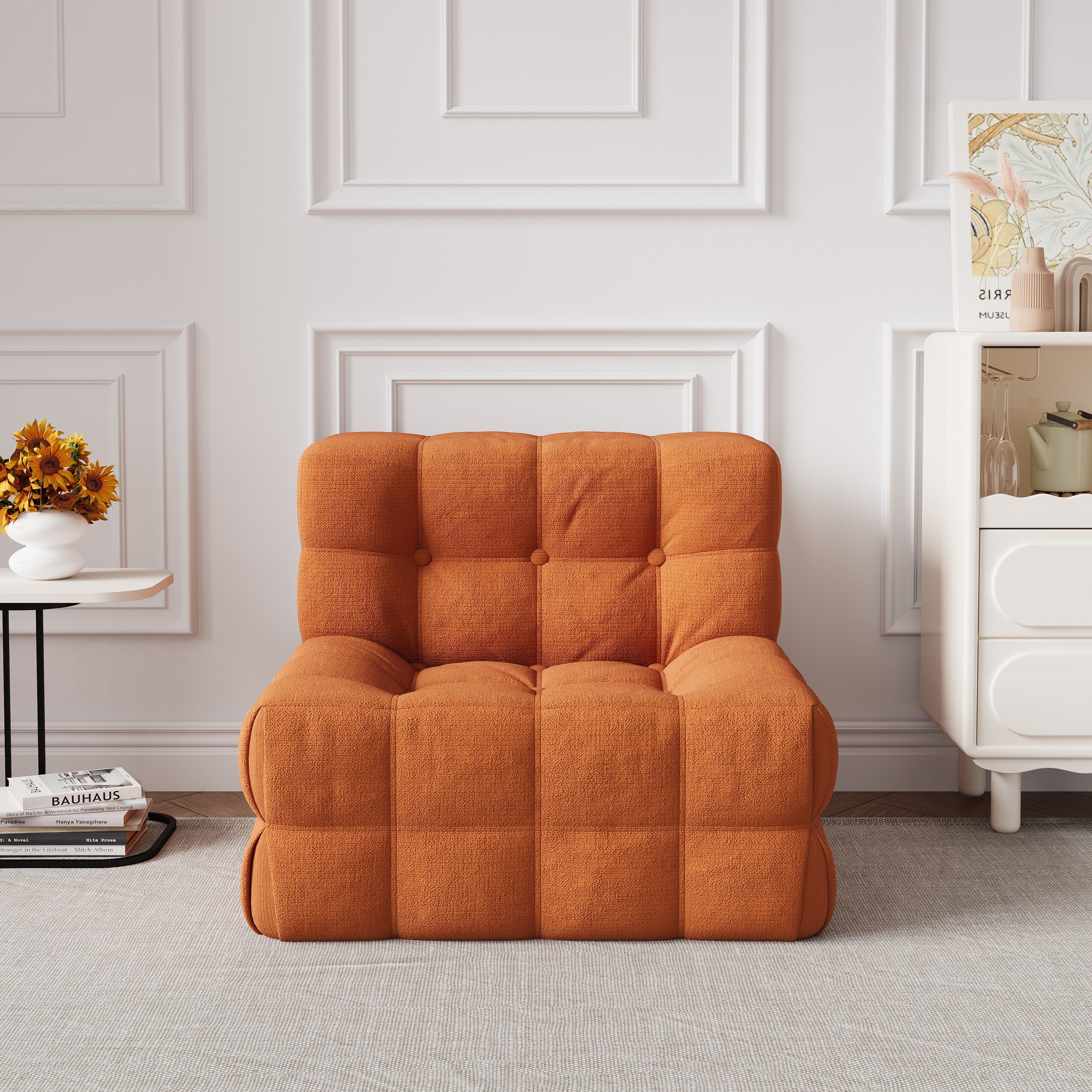 WEHOMZ Corduroy Bean Bag Sofa Chair in Beige & Caramel | Tufted Upholstery & Solid Wood Legs