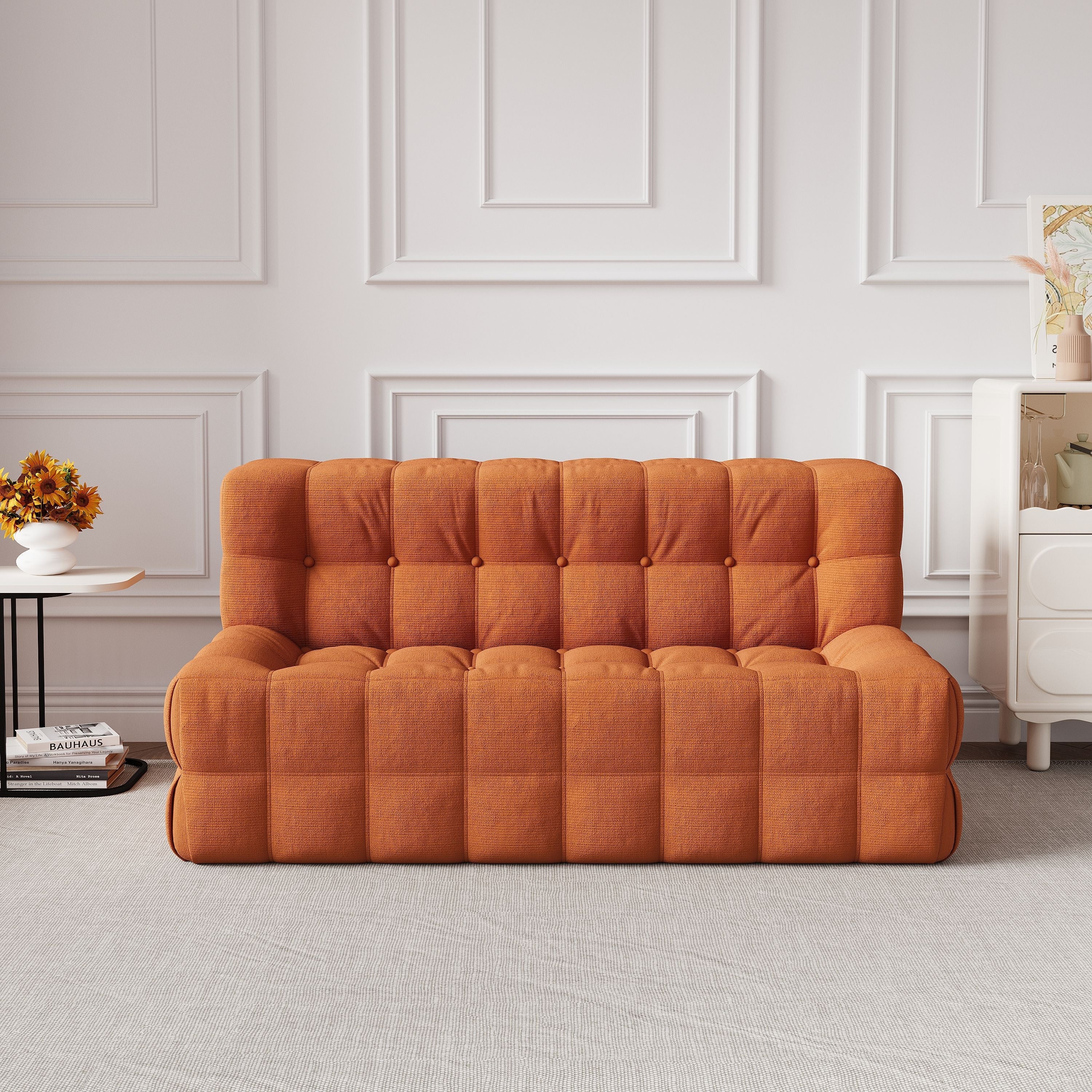 WEHOMZ Corduroy Bean Bag Sofa Chair in Beige & Caramel | Tufted Upholstery & Solid Wood Legs