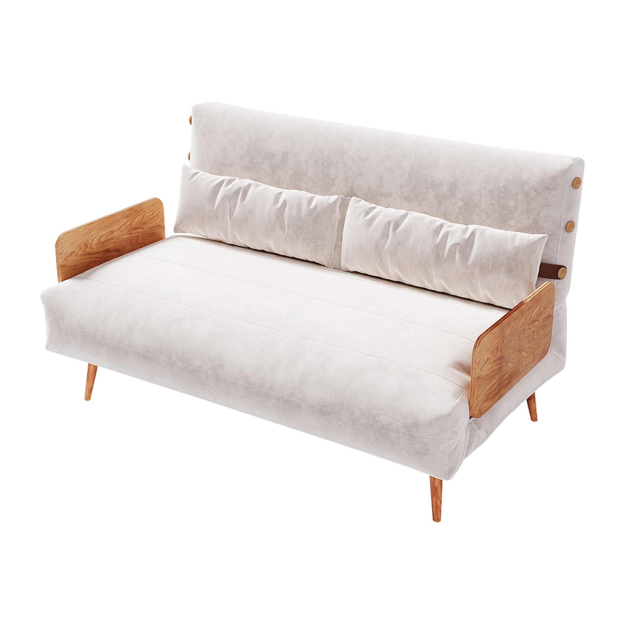 Convertible Sofa in Beige & Brown - Tech Fabric Upholstered, Foldable, with Wooden Legs