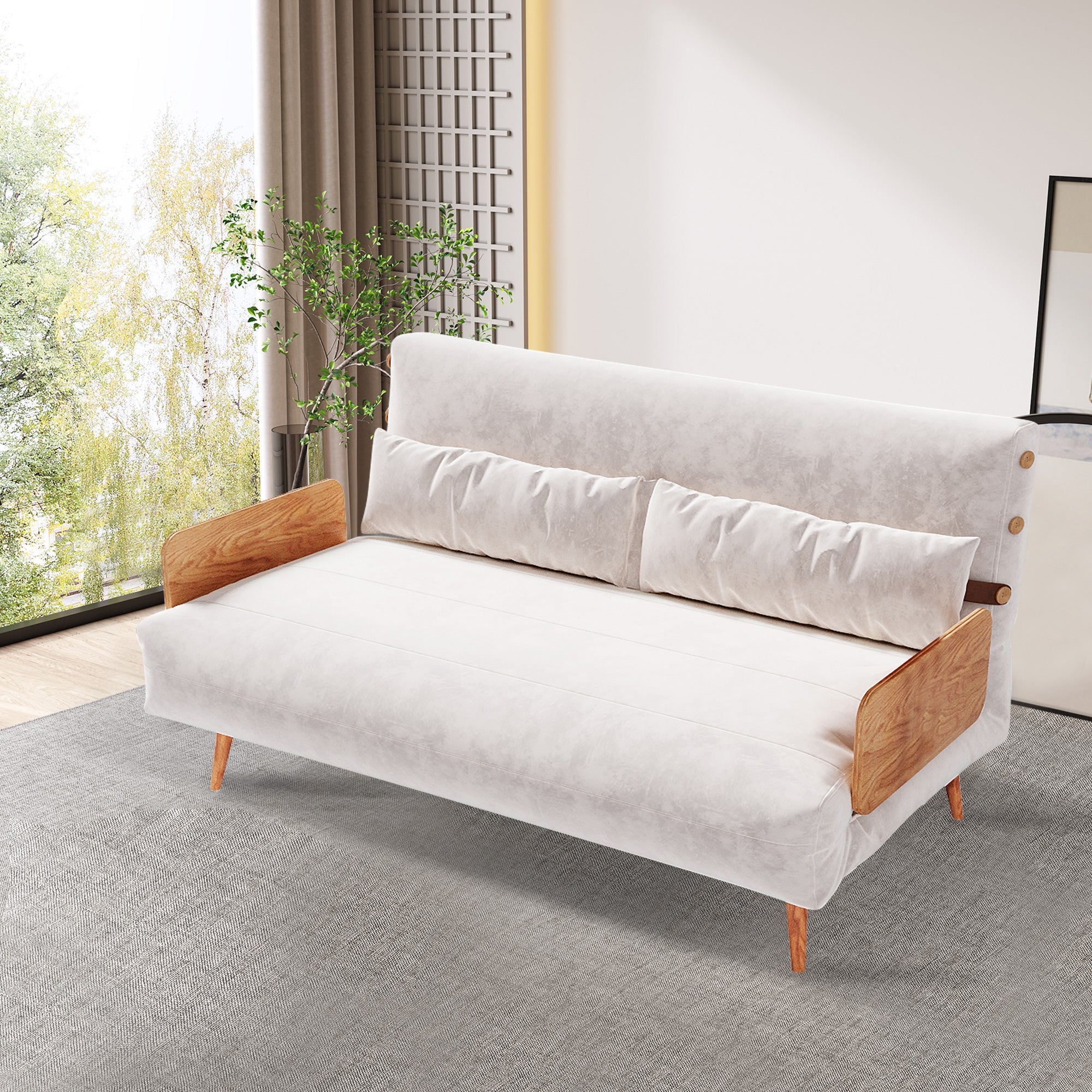 Convertible Sofa in Beige & Brown - Tech Fabric Upholstered, Foldable, with Wooden Legs