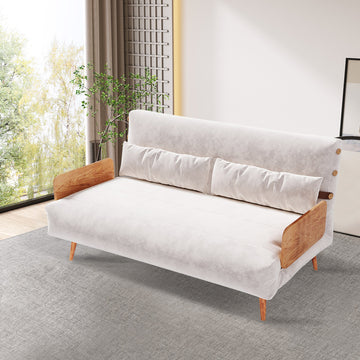 Convertible Sofa in Beige & Brown - Tech Fabric Upholstered, Foldable, with Wooden Legs