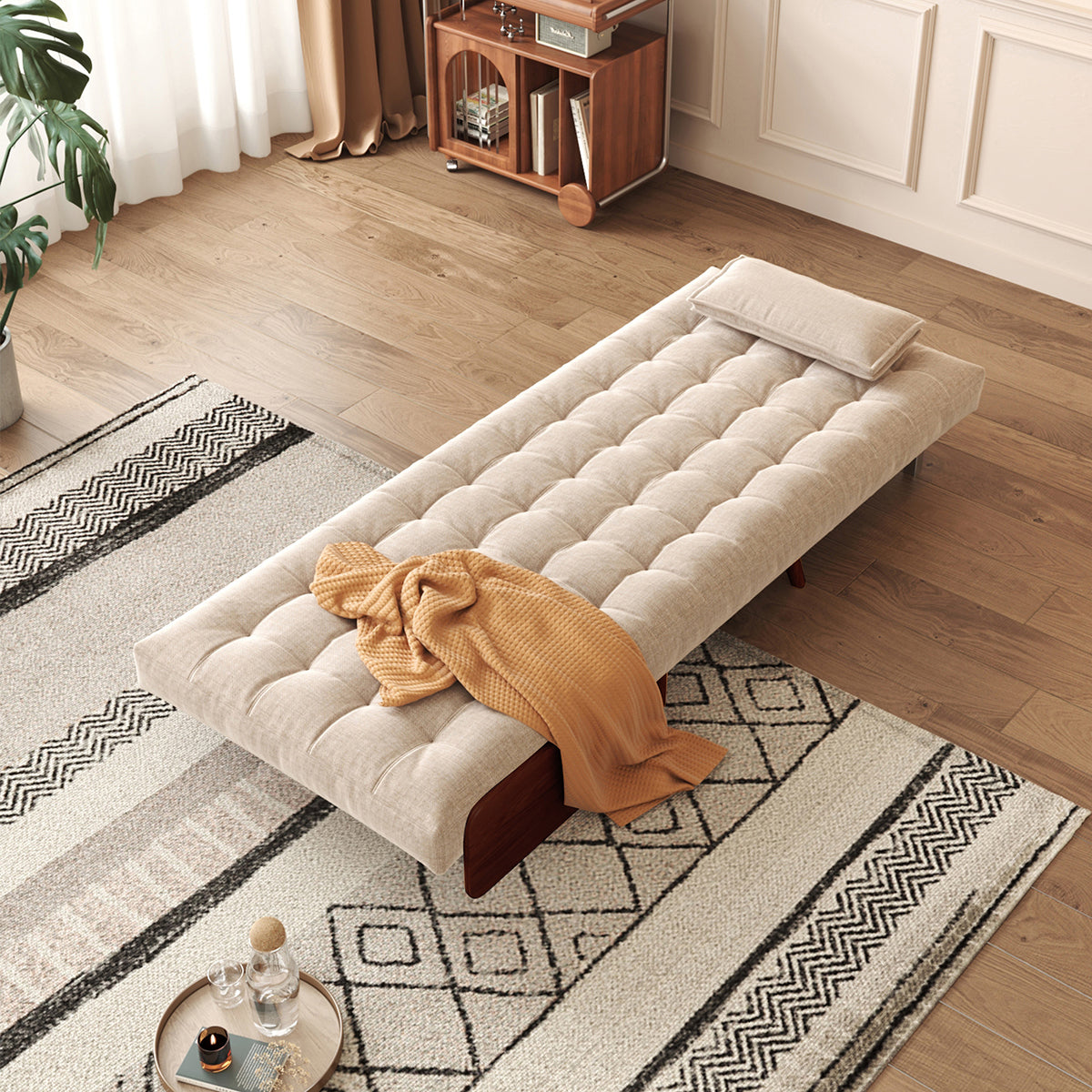 WEHOMZ Beige Folding Sofa Bed Convertible, Cotton & Linen Upholstery, Wooden Legs