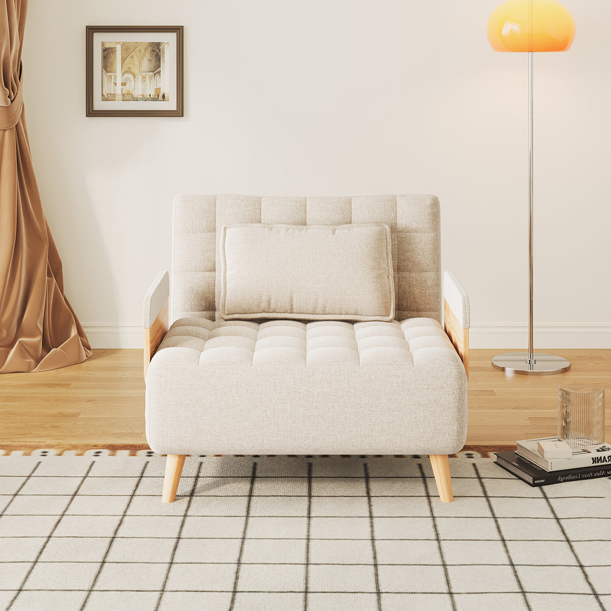 WEHOMZ Beige Folding Sofa Bed Convertible, Cotton & Linen Upholstery, Wooden Legs