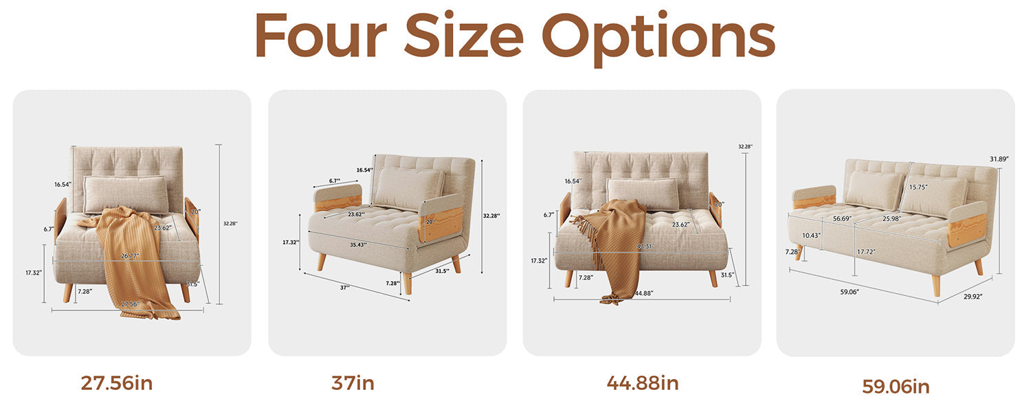 WEHOMZ Beige Folding Sofa Bed Convertible, Cotton & Linen Upholstery, Wooden Legs