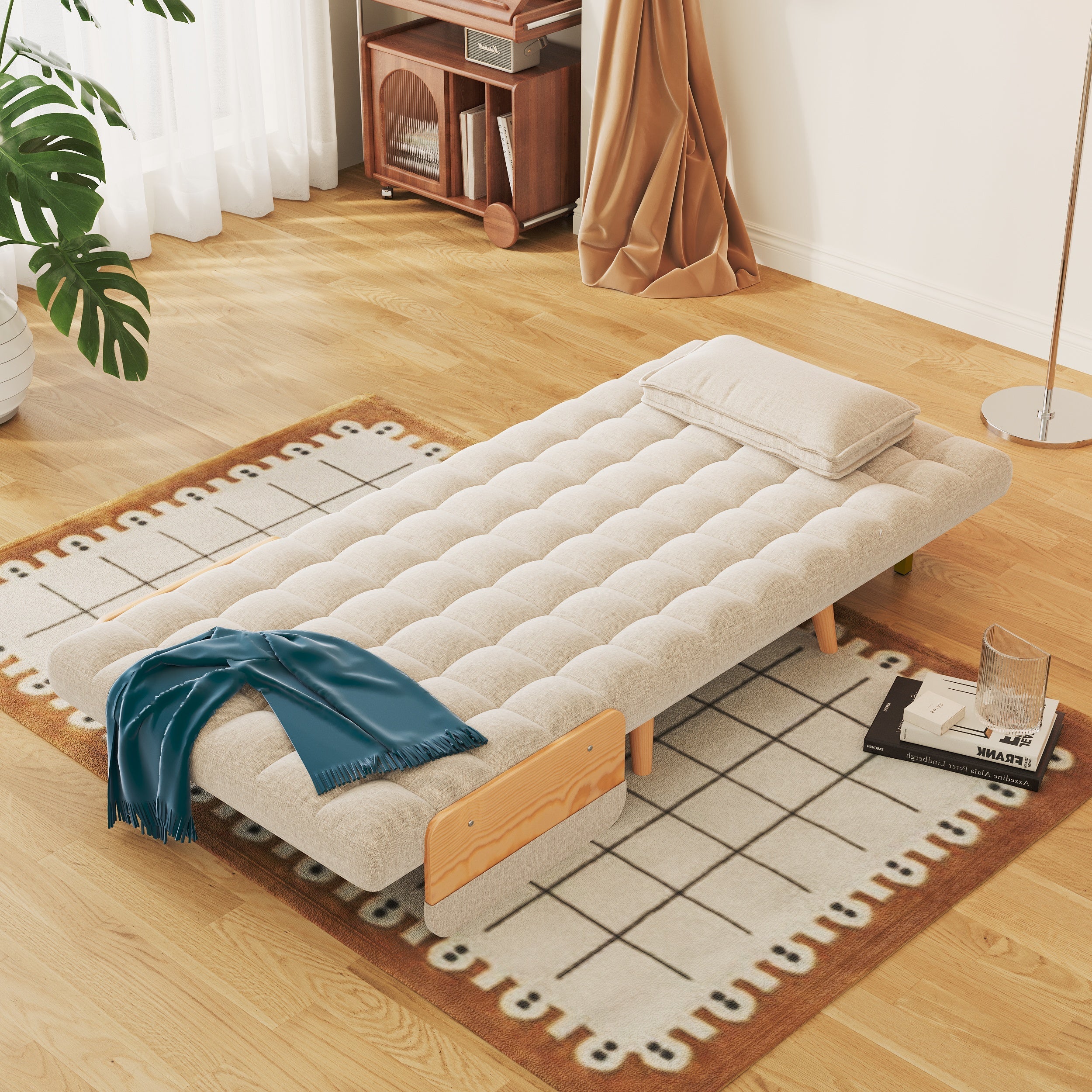 WEHOMZ Beige Folding Sofa Bed Convertible, Cotton & Linen Upholstery, Wooden Legs