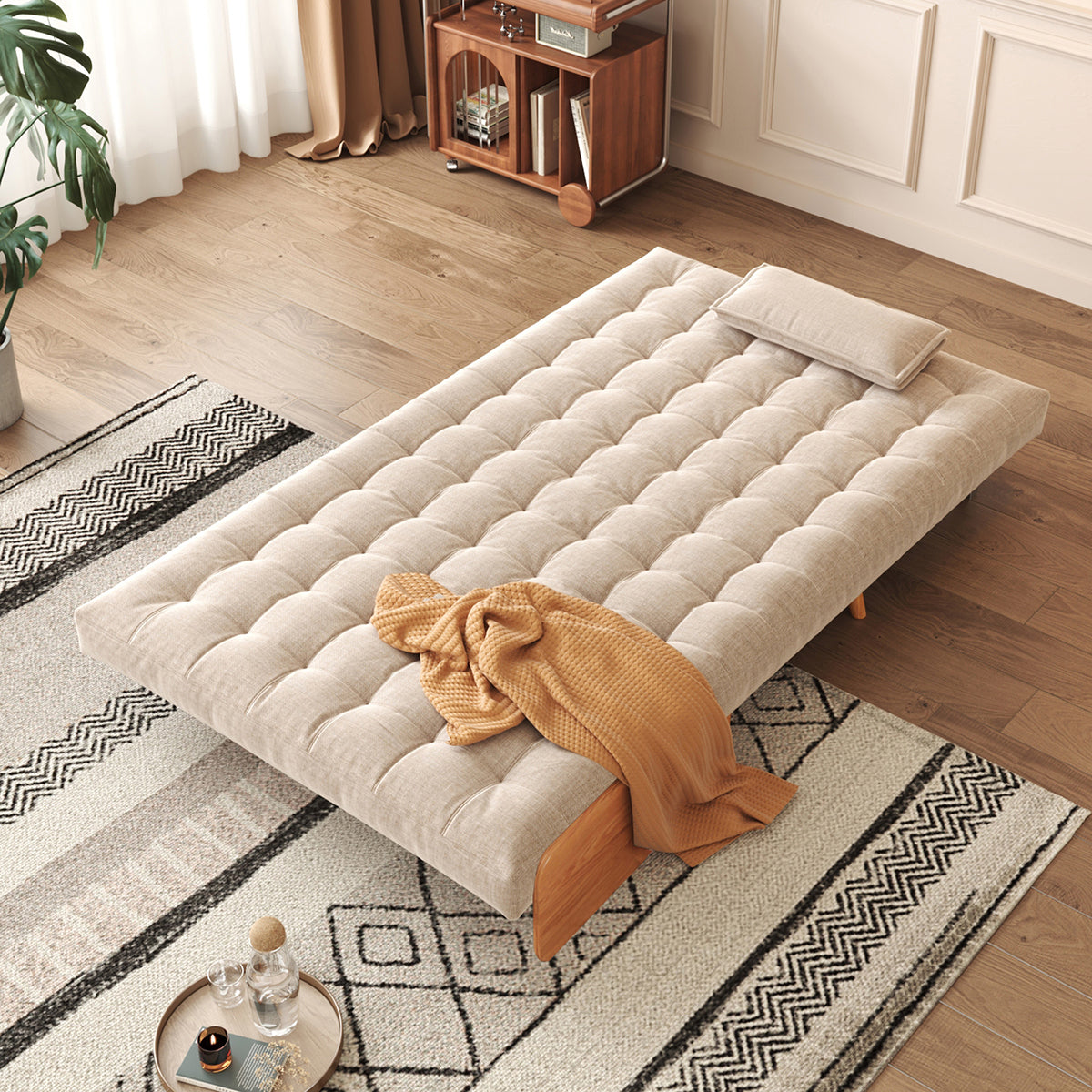 WEHOMZ Beige Folding Sofa Bed Convertible, Cotton & Linen Upholstery, Wooden Legs