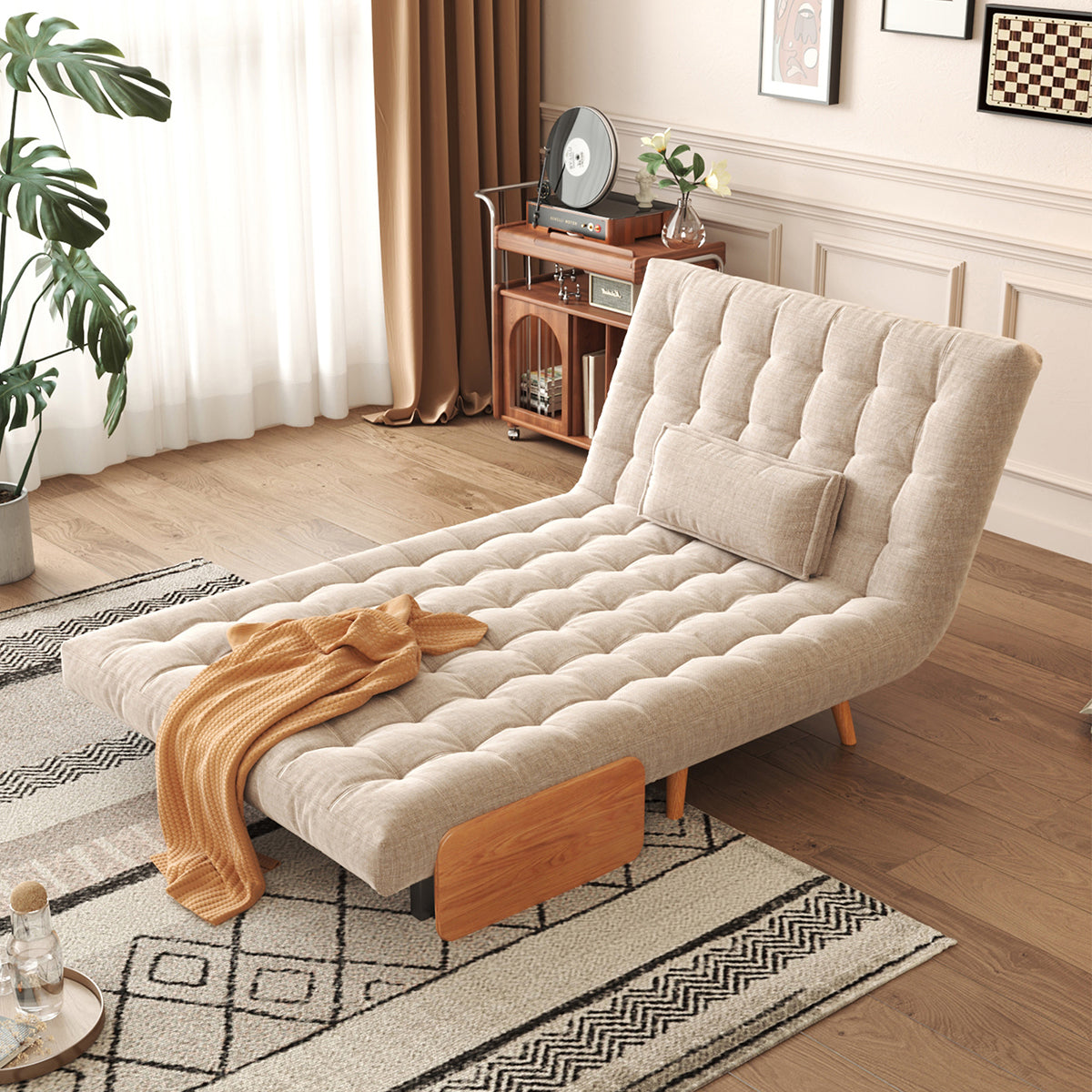 WEHOMZ Beige Folding Sofa Bed Convertible, Cotton & Linen Upholstery, Wooden Legs