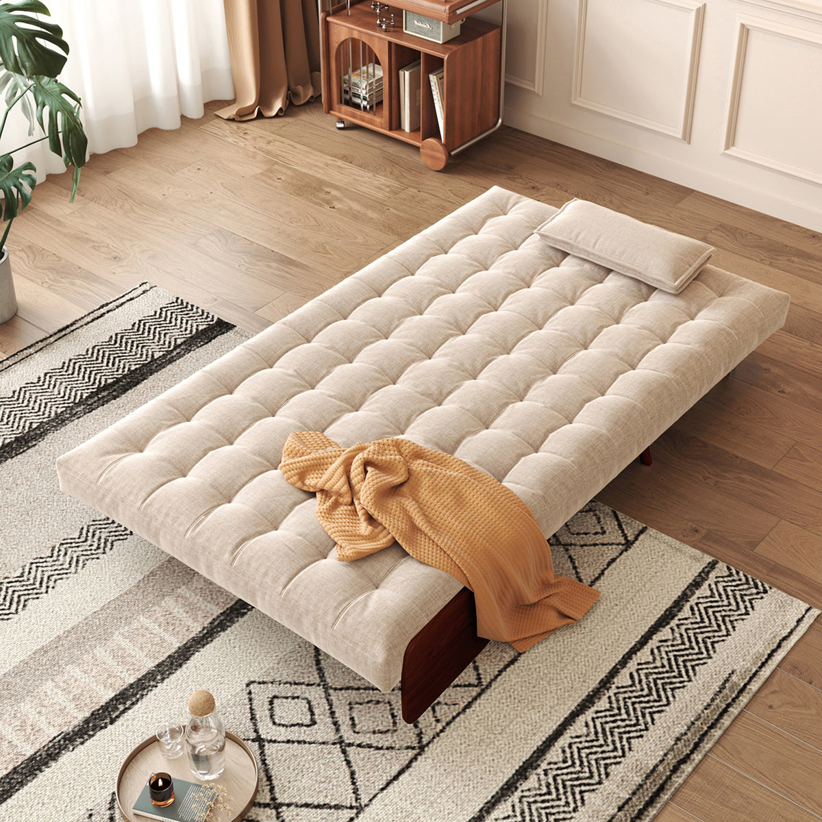 WEHOMZ Beige Folding Sofa Bed Convertible, Cotton & Linen Upholstery, Wooden Legs