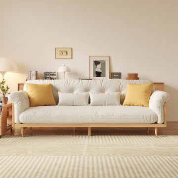 Beige Upholstered Sofa in Cotton Linen Fabric Solid Wood Frame
