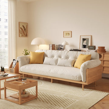 WEHOMZ Beige Sofa with Tufted Cotton Linen Upholstery & Solid Wood Frame