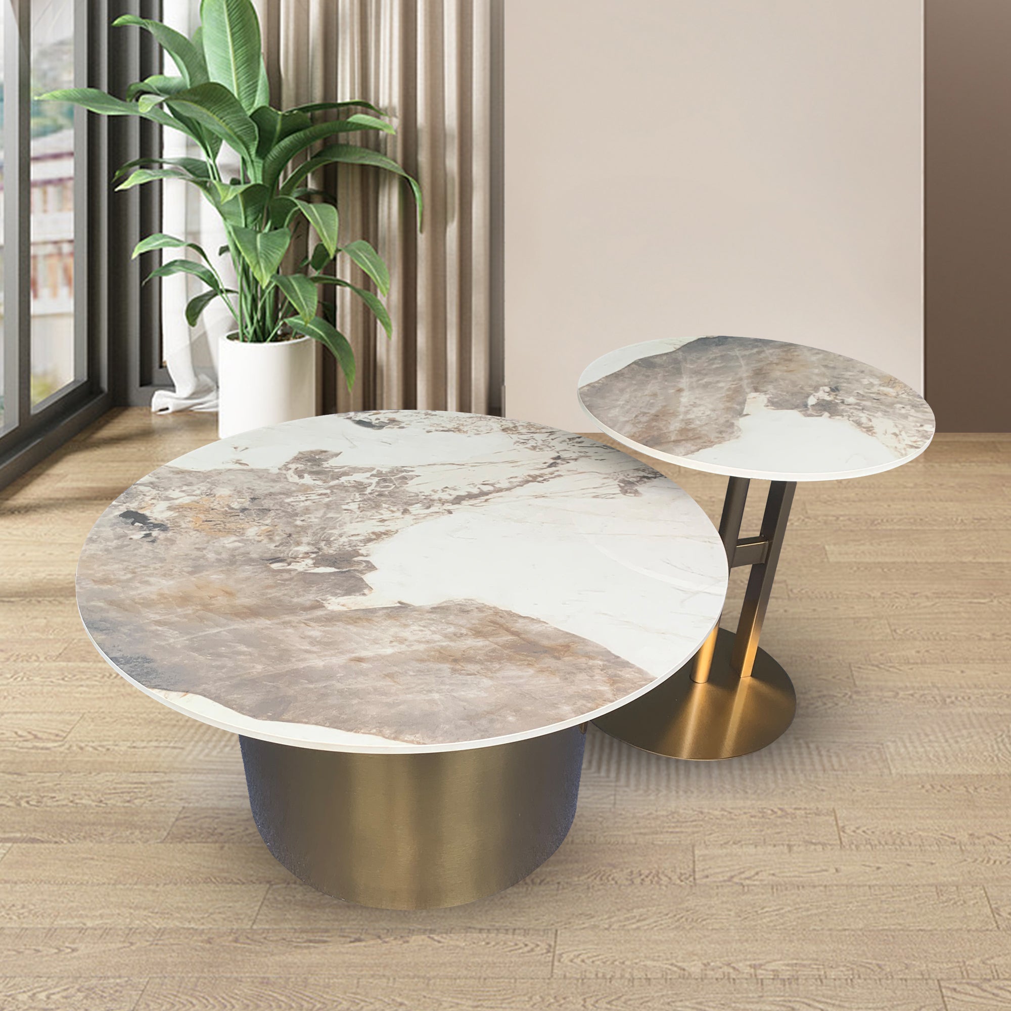 Modern Black & Gold Nesting Coffee Table Set with Sintered Stone & Metal